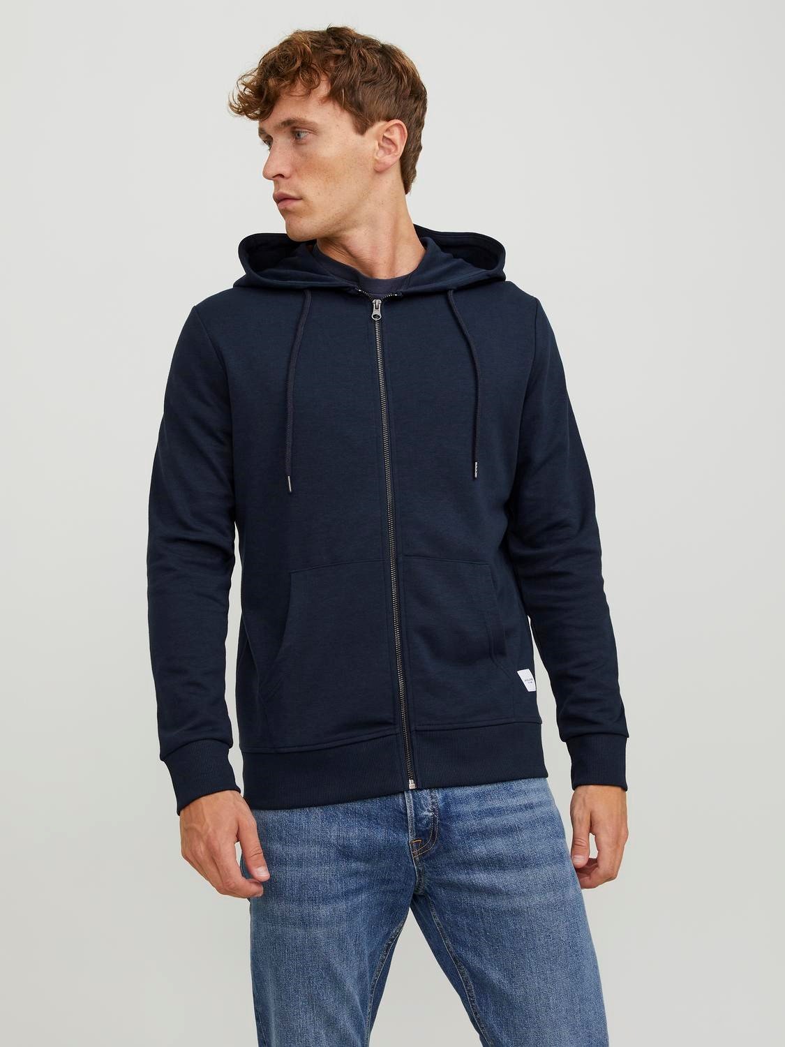 JACK & JONES Basic sweat zip hood slim fit, heren sweatvest katoenmengsel met capuchon, blauw