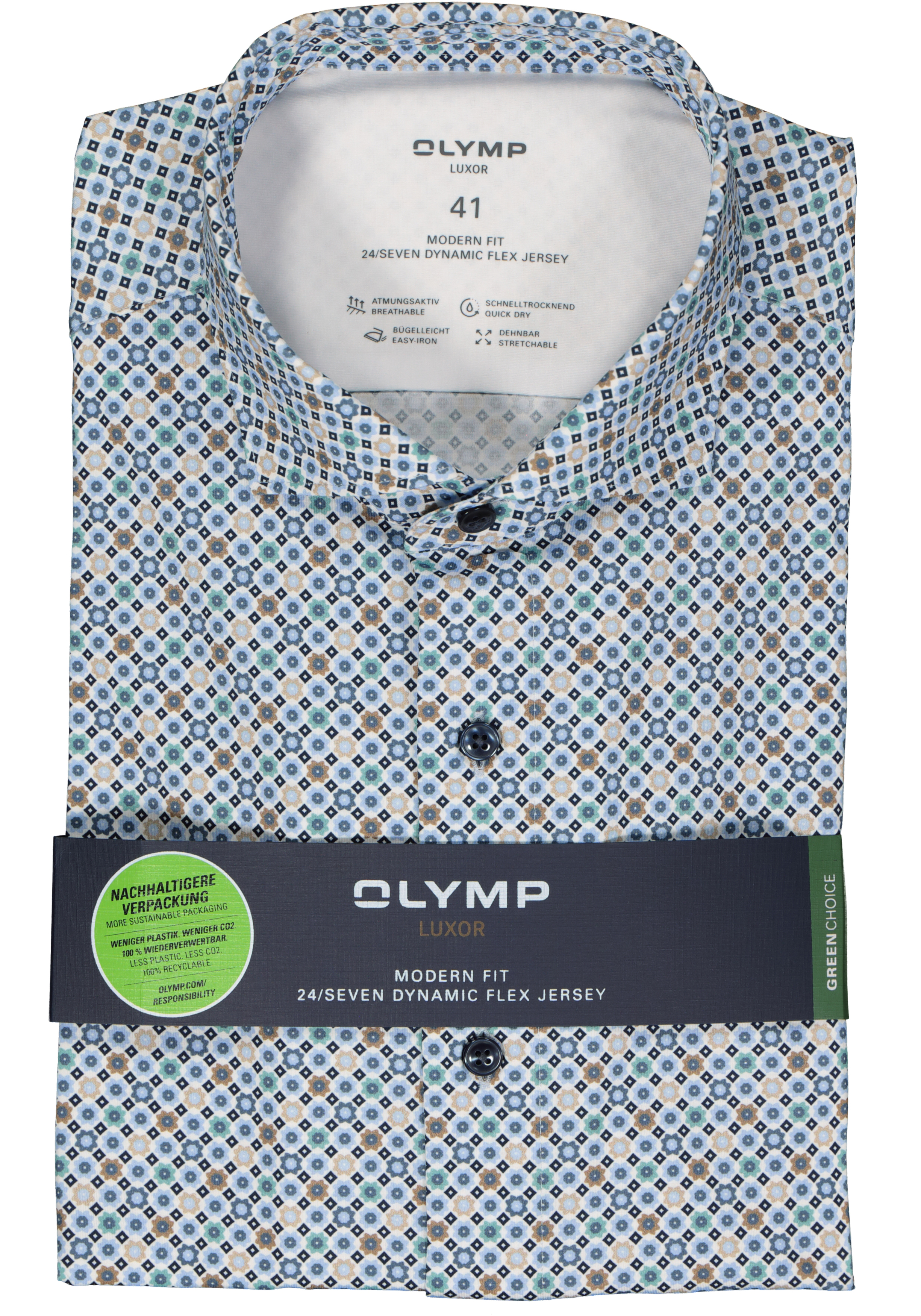 OLYMP 24/7 modern fit overhemd, tricot, blauw met beige en wit dessin