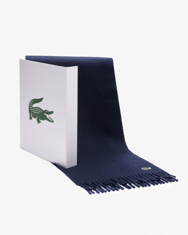 Lacoste sjaal wol met kasjmier, unisex gewoven sjaal, donkerblauw