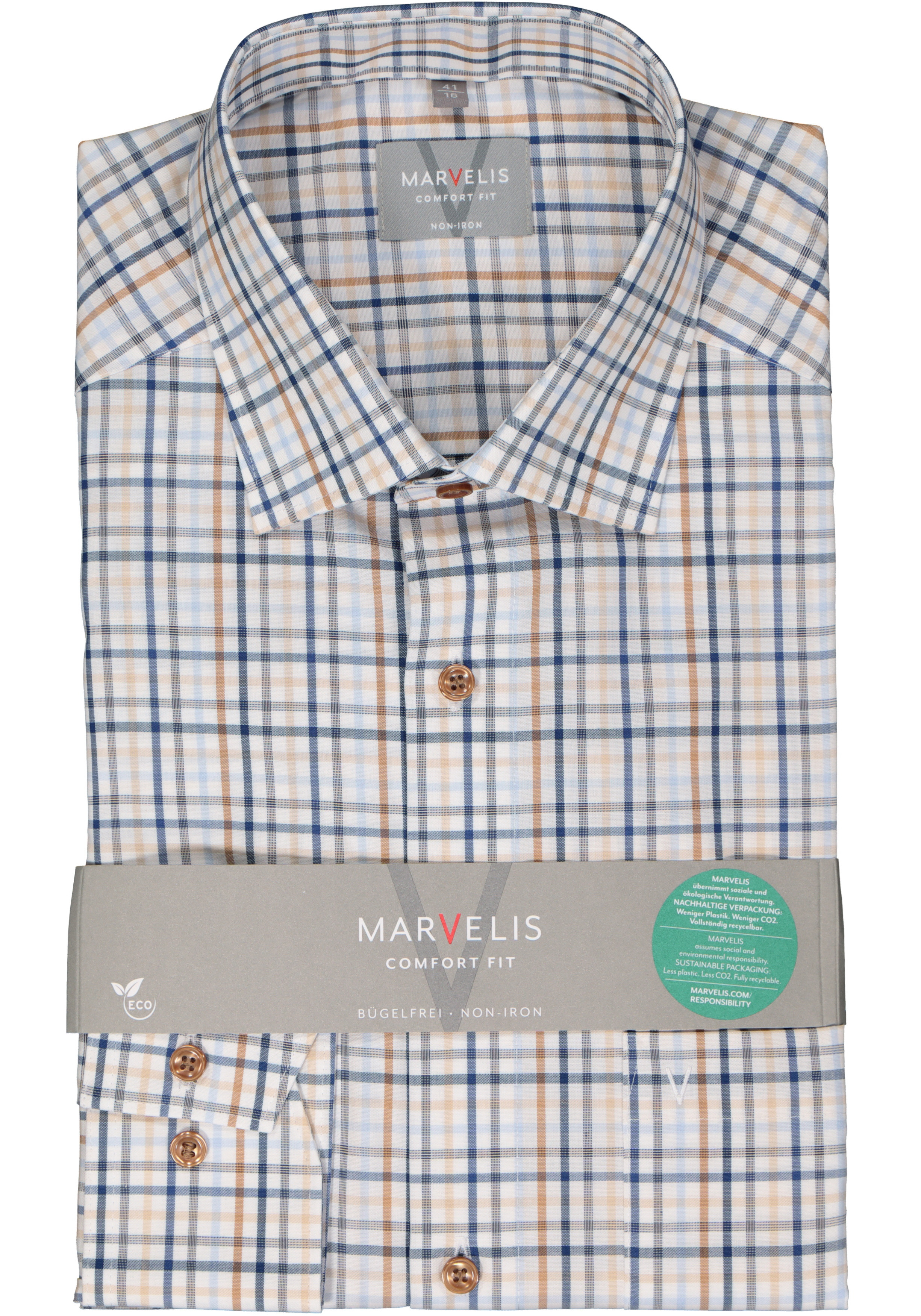 MARVELIS comfort fit overhemd, popeline, wit met blauw en beige geruit