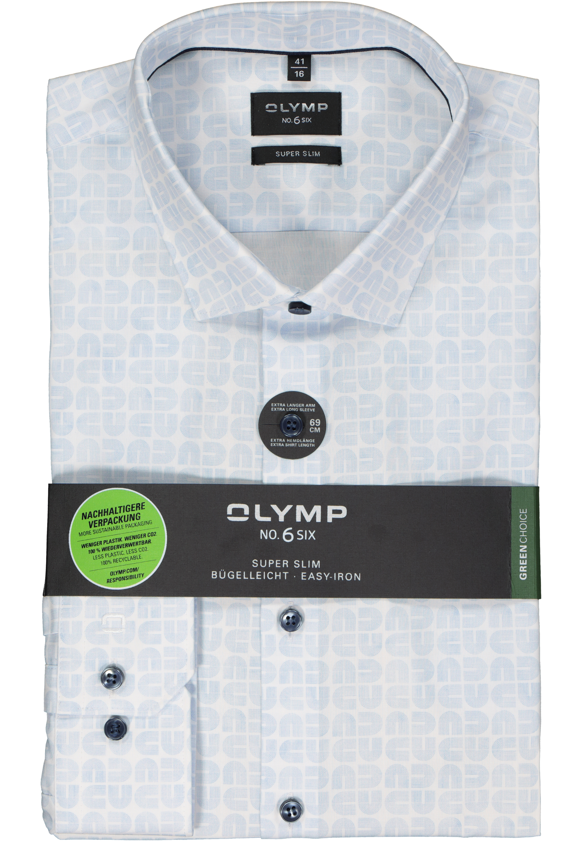 OLYMP No. 6 Six super slim fit overhemd, mouwlengte 7, popeline, lichtblauw met wit dessin