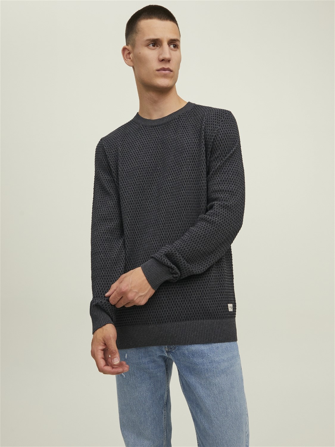 JACK & JONES Atlas knit crew neck slim fit, heren pullover katoen met O-hals, donkergrijs melange