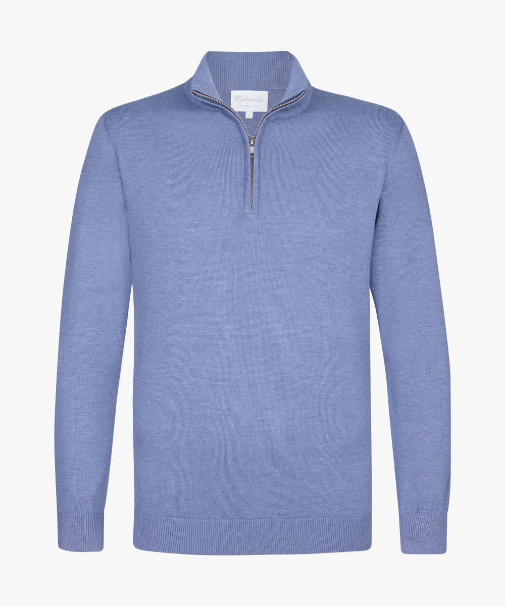 Michaelis heren trui katoenmengsel, slim fit trui met korte rits, blauw