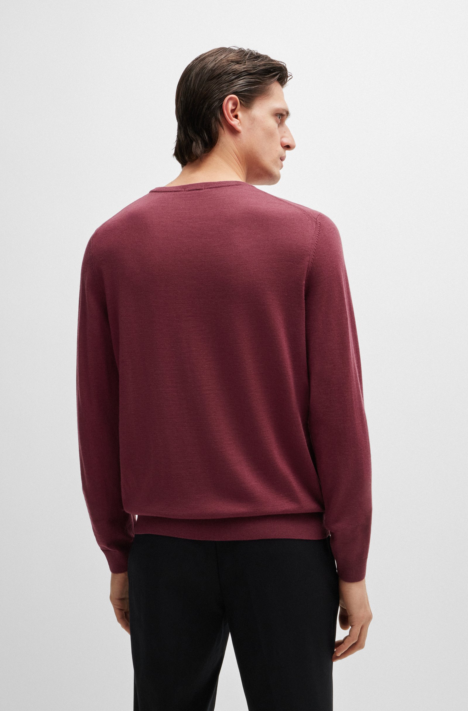 BOSS Leno slim fit trui wol, heren pullover middeldik O-hals, rood