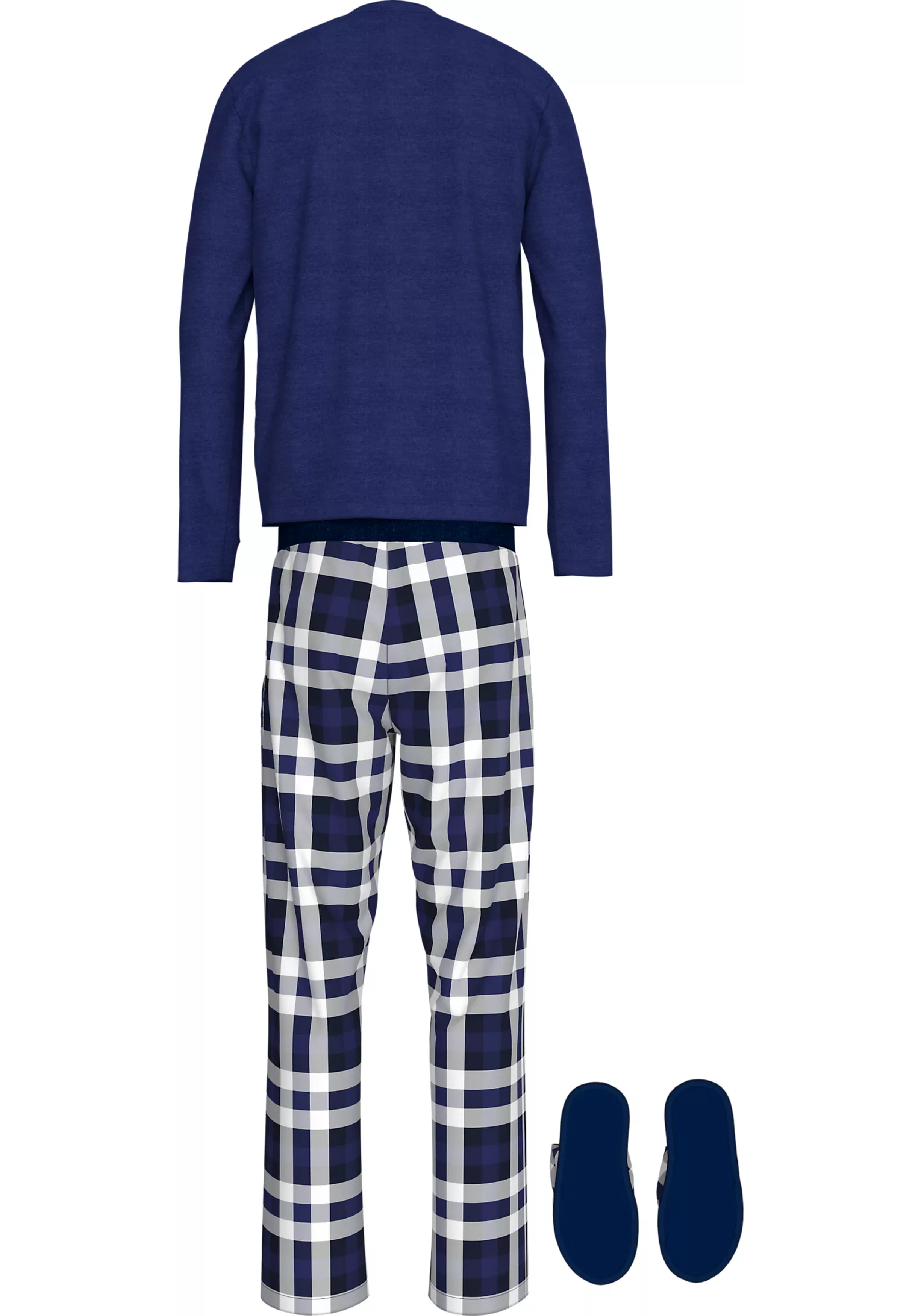 Tommy Hilfiger heren pyjama set, blauw shirt en slippers met blauw met wit geruite broek