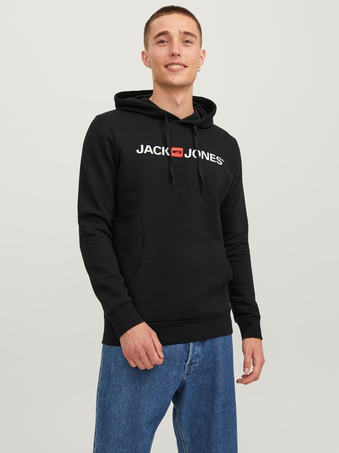 JACK & JONES Corp old logo sweat hood slim fit, heren hoodie katoenmengsel met capuchon, zwart