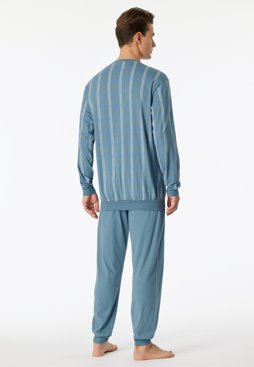 SCHIESSER Comfort Nightwear pyjamaset, heren pyjama lang organic cotton V-hals manchetten borstzak blauw-grijs geruit