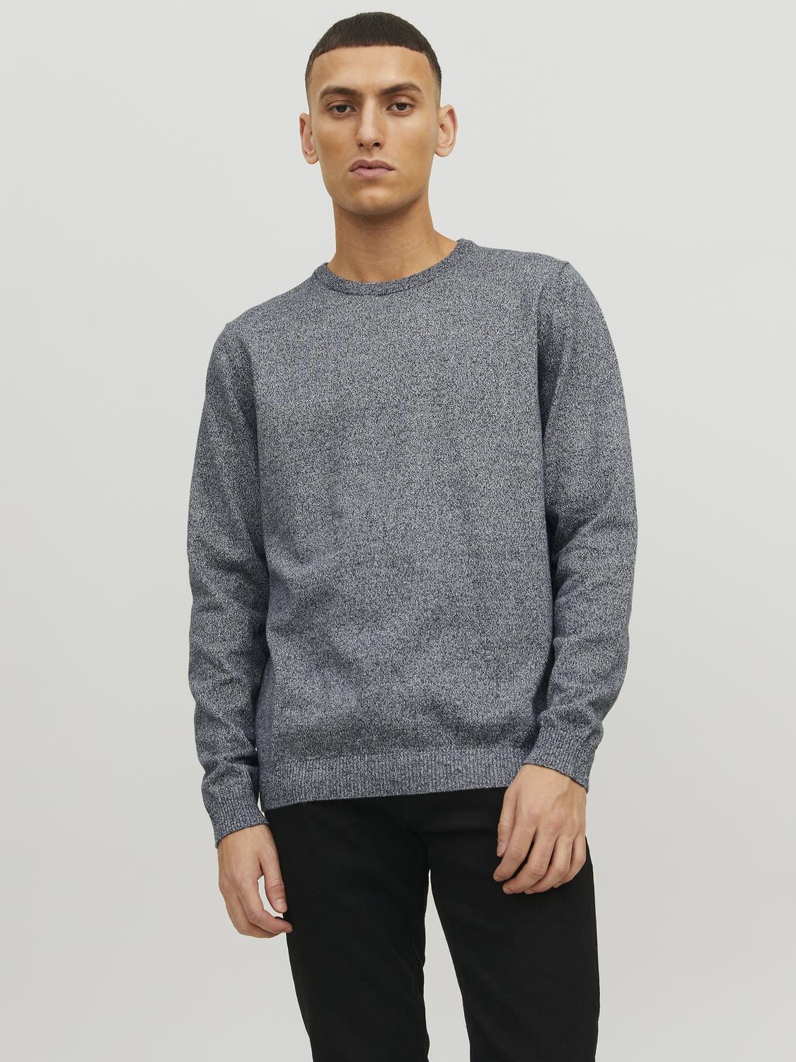 JACK & JONES Basic knit crew neck slim fit, heren pullover katoen met O-hals, blauw samen met offwhite