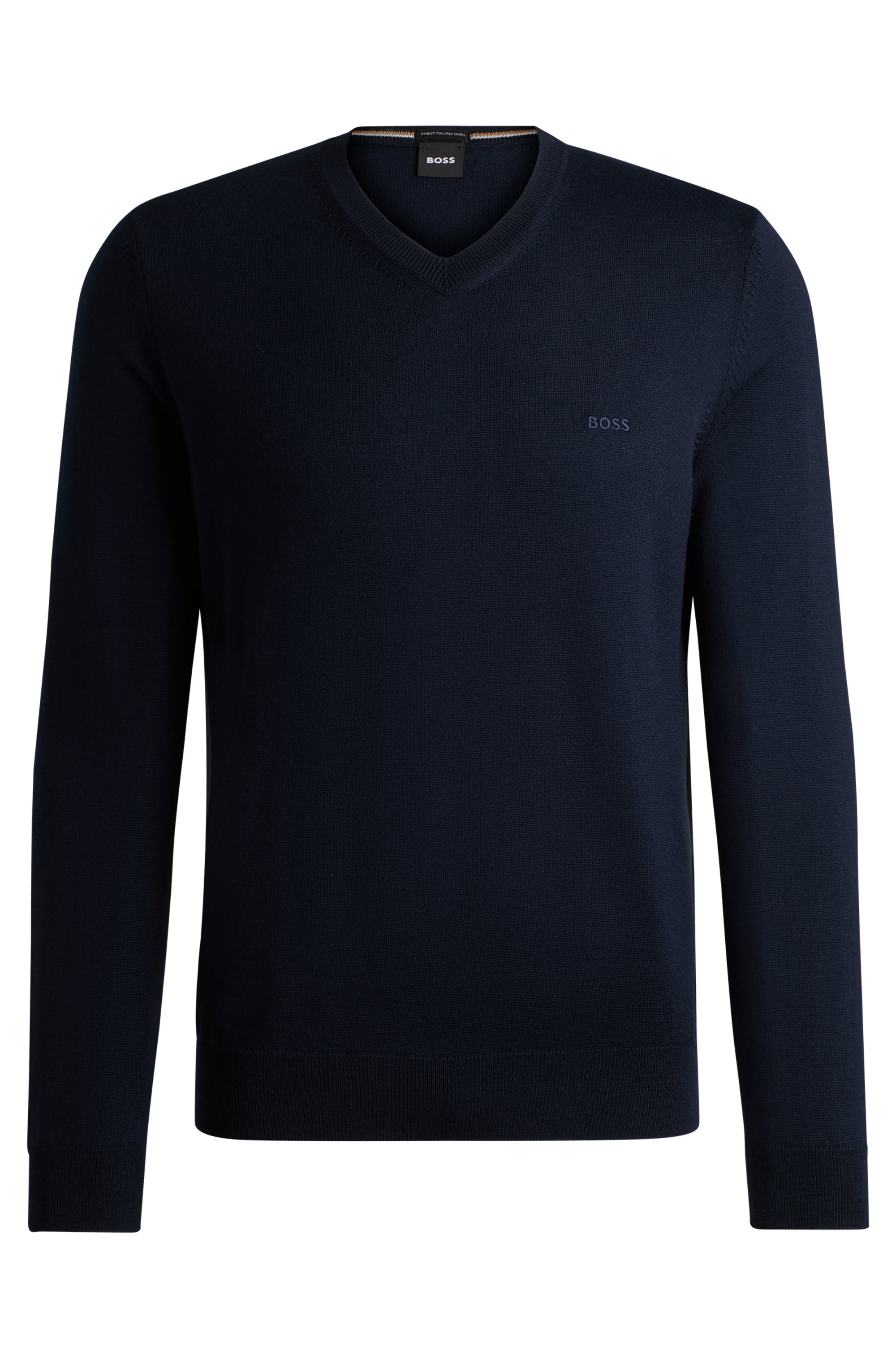 BOSS Baram regular fit trui wol, heren trui middeldik V-hals, donkerblauw