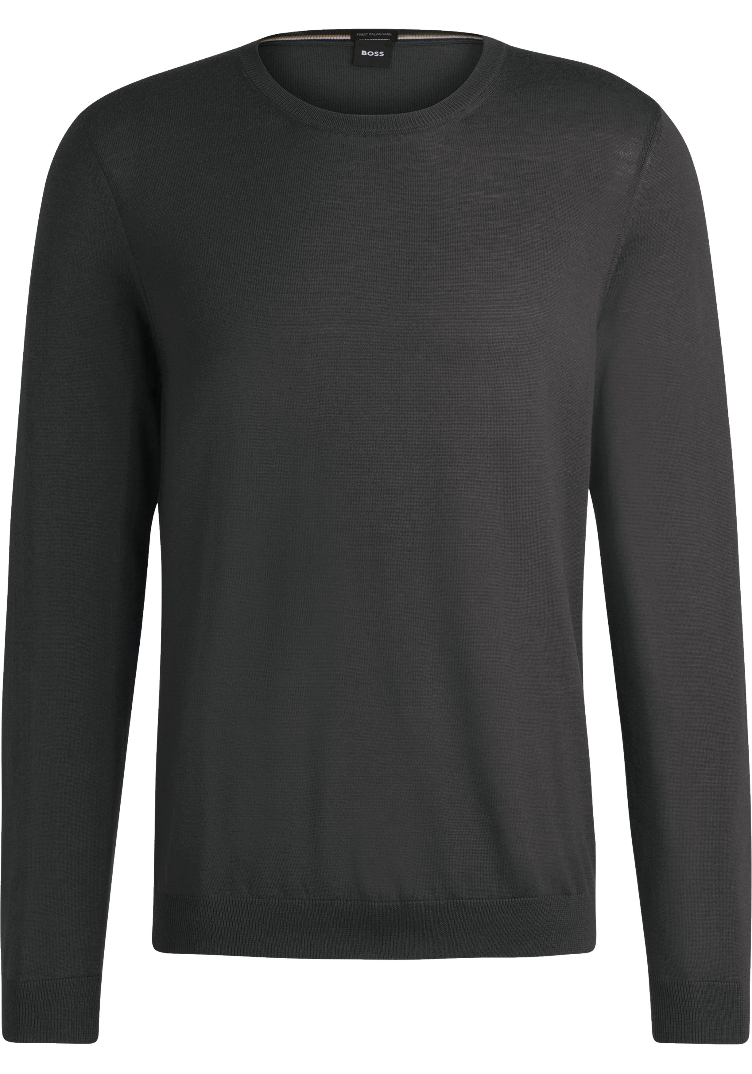 BOSS Leno slim fit trui wol, heren pullover middeldik O-hals, grijs