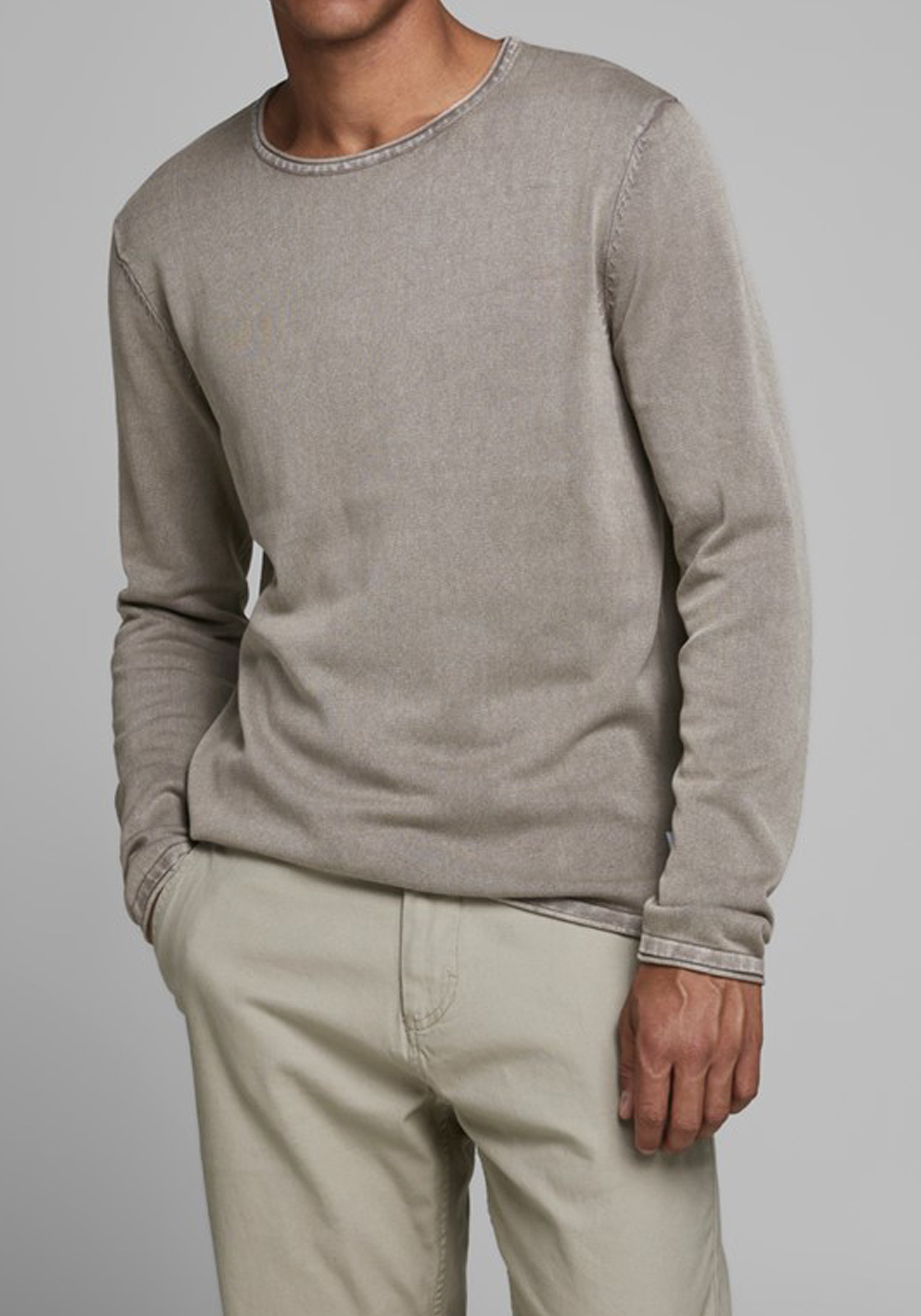 JACK & JONES slim fit trui katoen, O-hals, verwassen beige