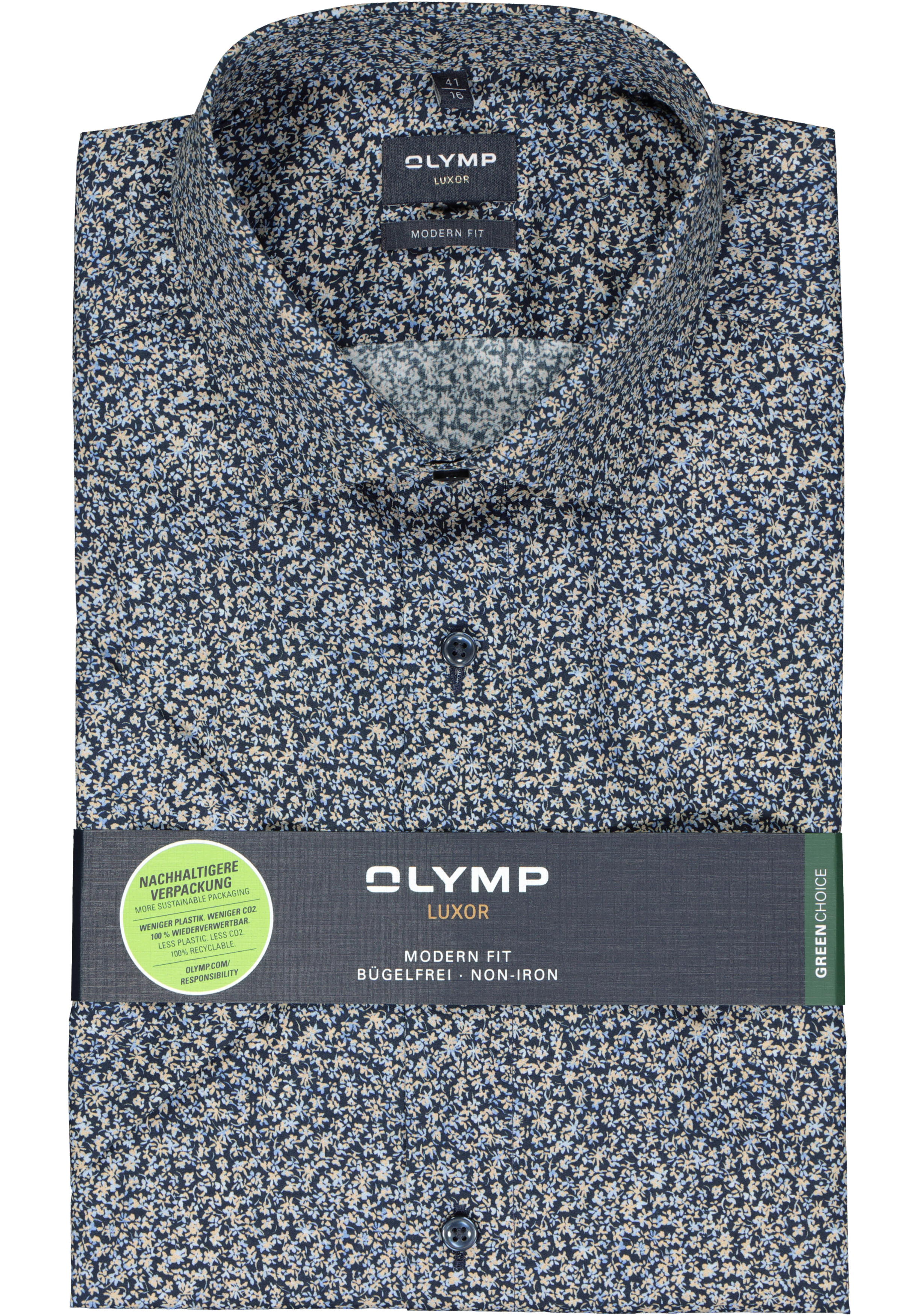 OLYMP modern fit overhemd, korte mouw, popeline, donkerblauwmet beige bloemetjes dessin