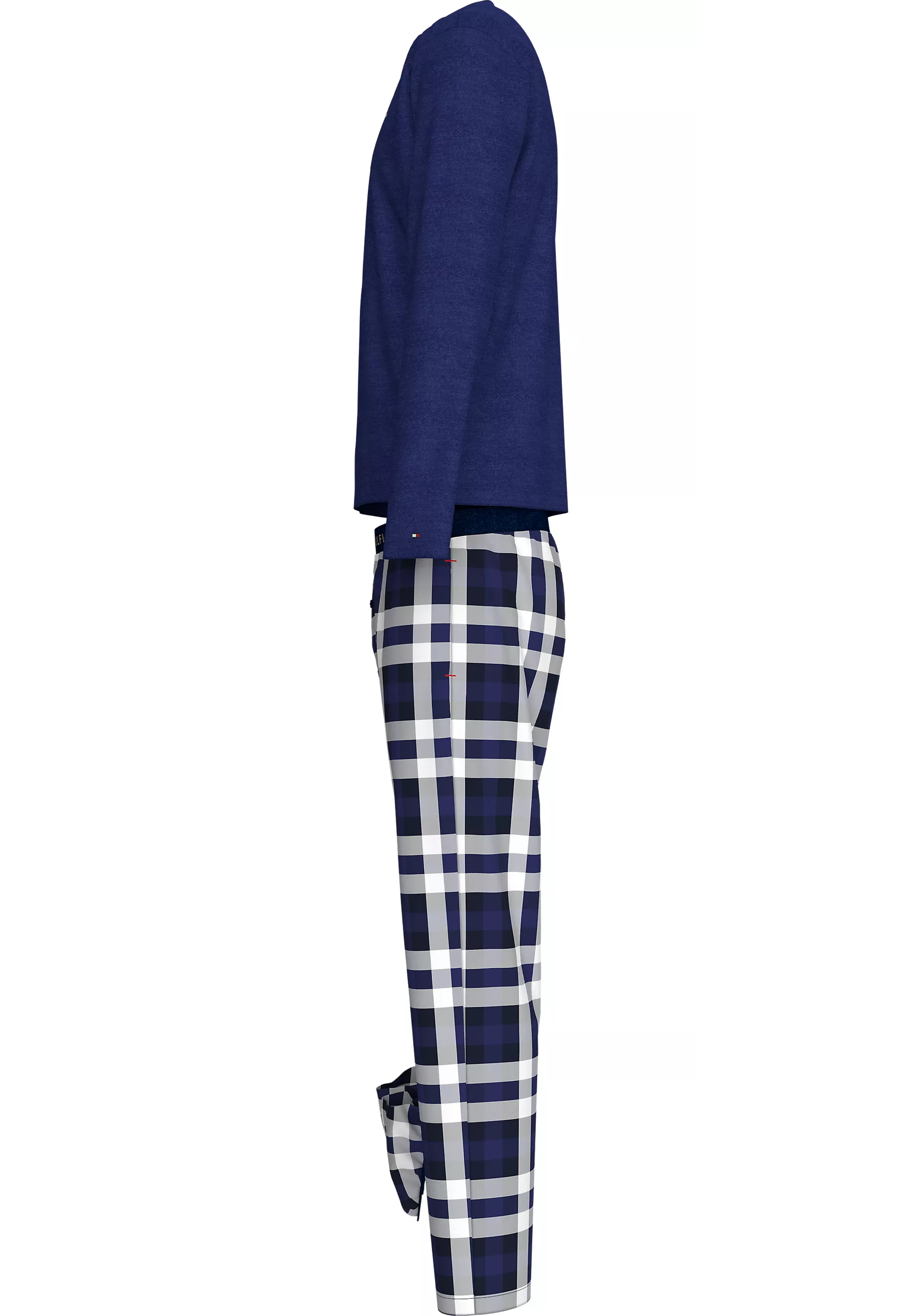 Tommy Hilfiger heren pyjama set, blauw shirt en slippers met blauw met wit geruite broek