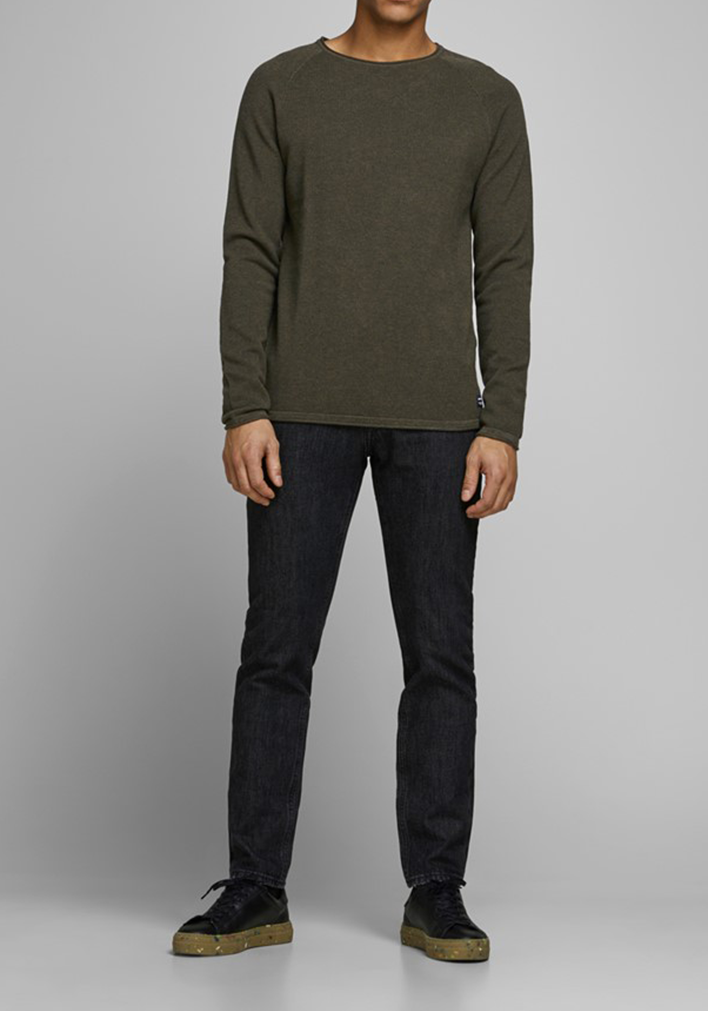 JACK & JONES slim fit trui katoen, O-hals, olijfgroen