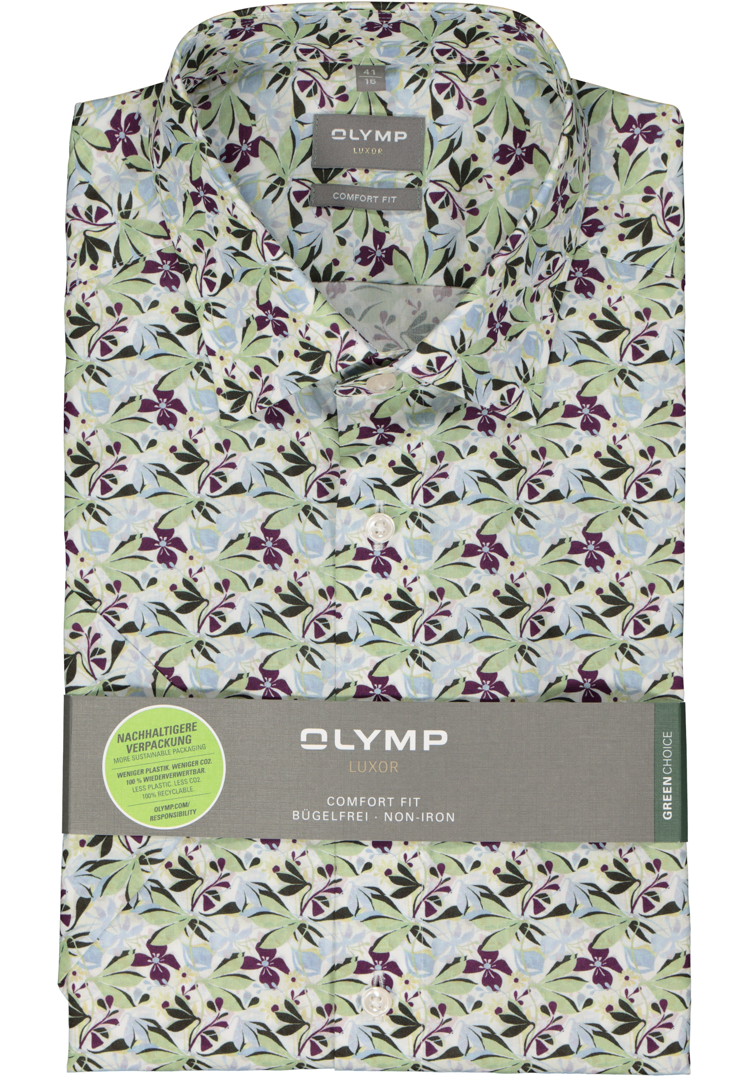 OLYMP comfort fit overhemd, korte mouw, popeline, wit met groen en blauw dessin