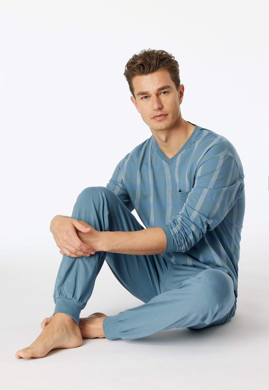 SCHIESSER Comfort Nightwear pyjamaset, heren pyjama lang organic cotton V-hals manchetten borstzak blauw-grijs geruit