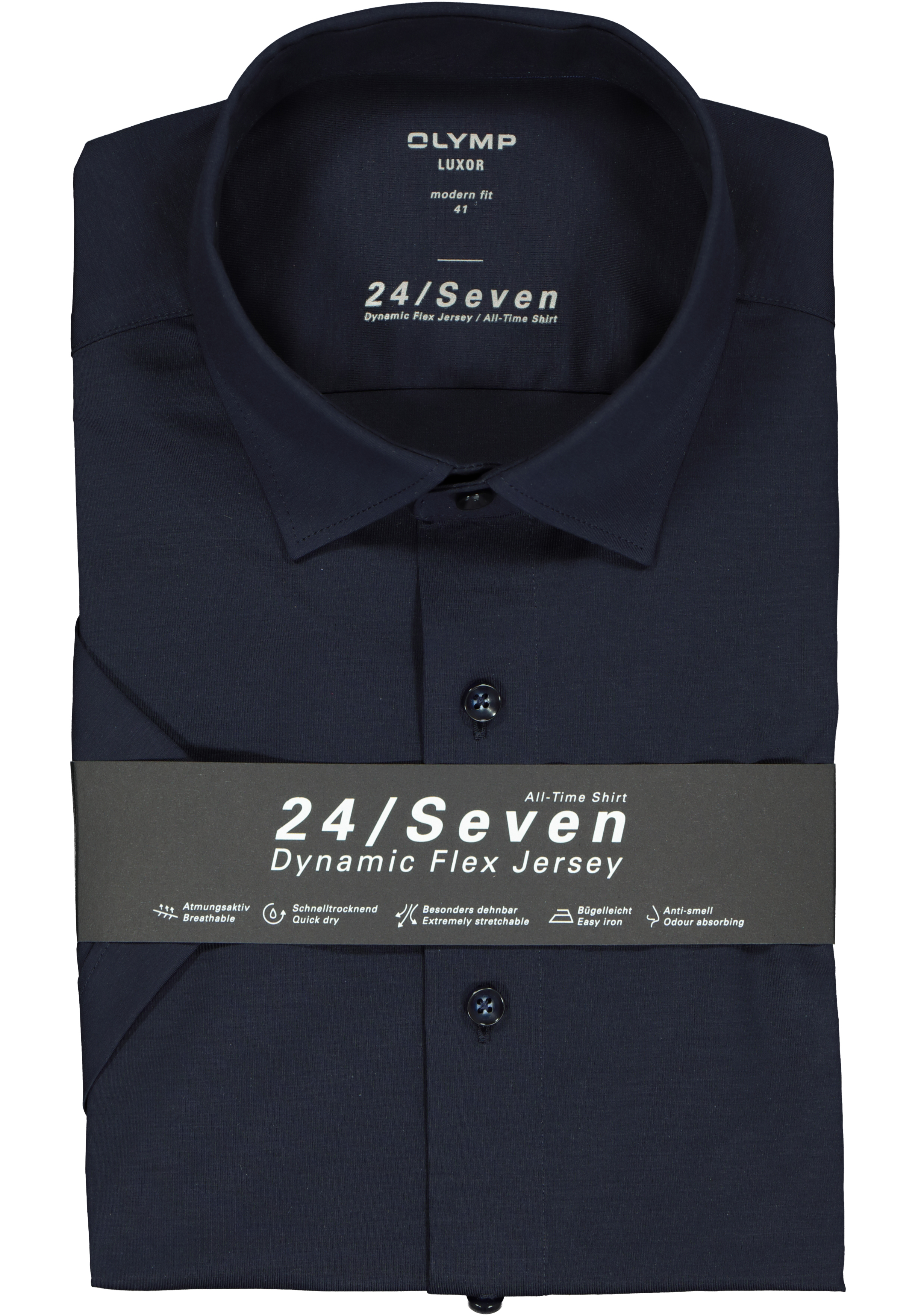 OLYMP Luxor 24/Seven modern fit overhemd, korte mouw, marine blauw tricot