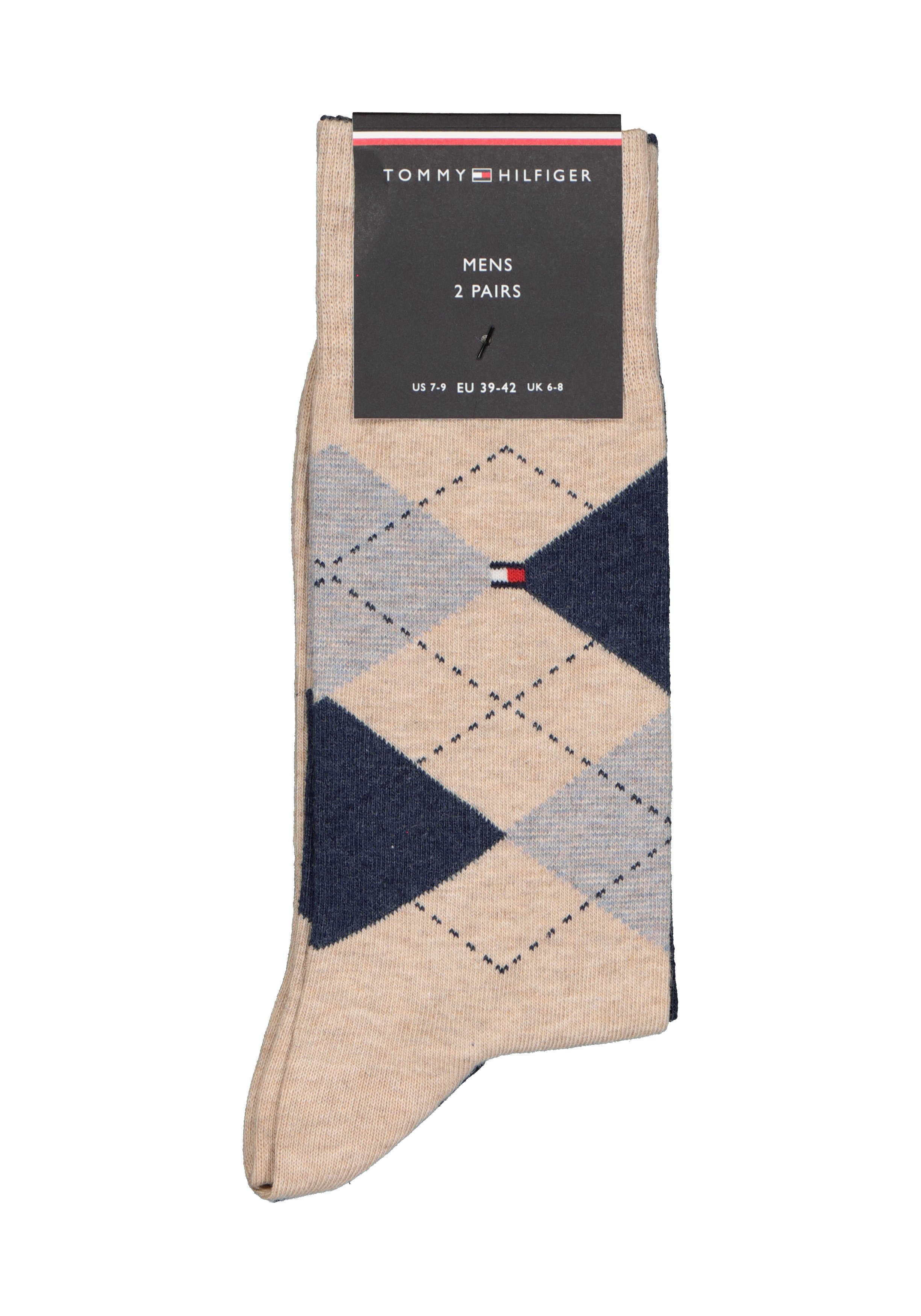 Tommy Hilfiger Check Socks (2-pack), herensokken katoen, geruit en uni, beige met jeansblauw