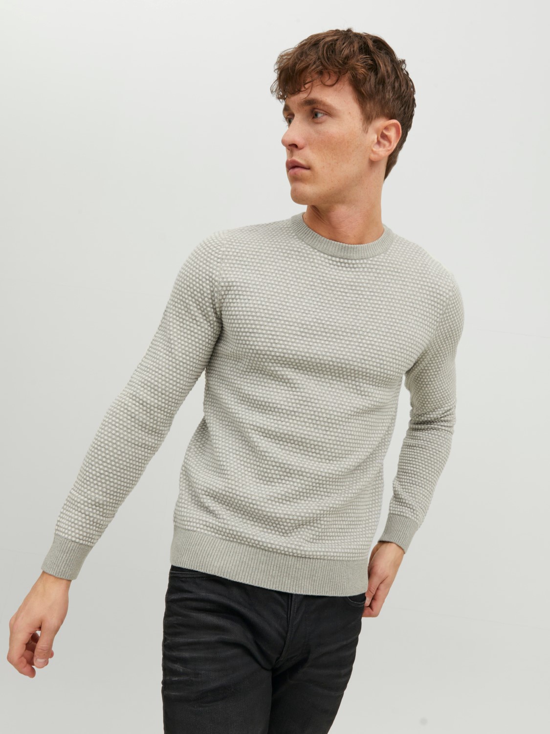 JACK & JONES Atlas knit crew neck slim fit, heren pullover katoen met O-hals, lichtgrijs melange