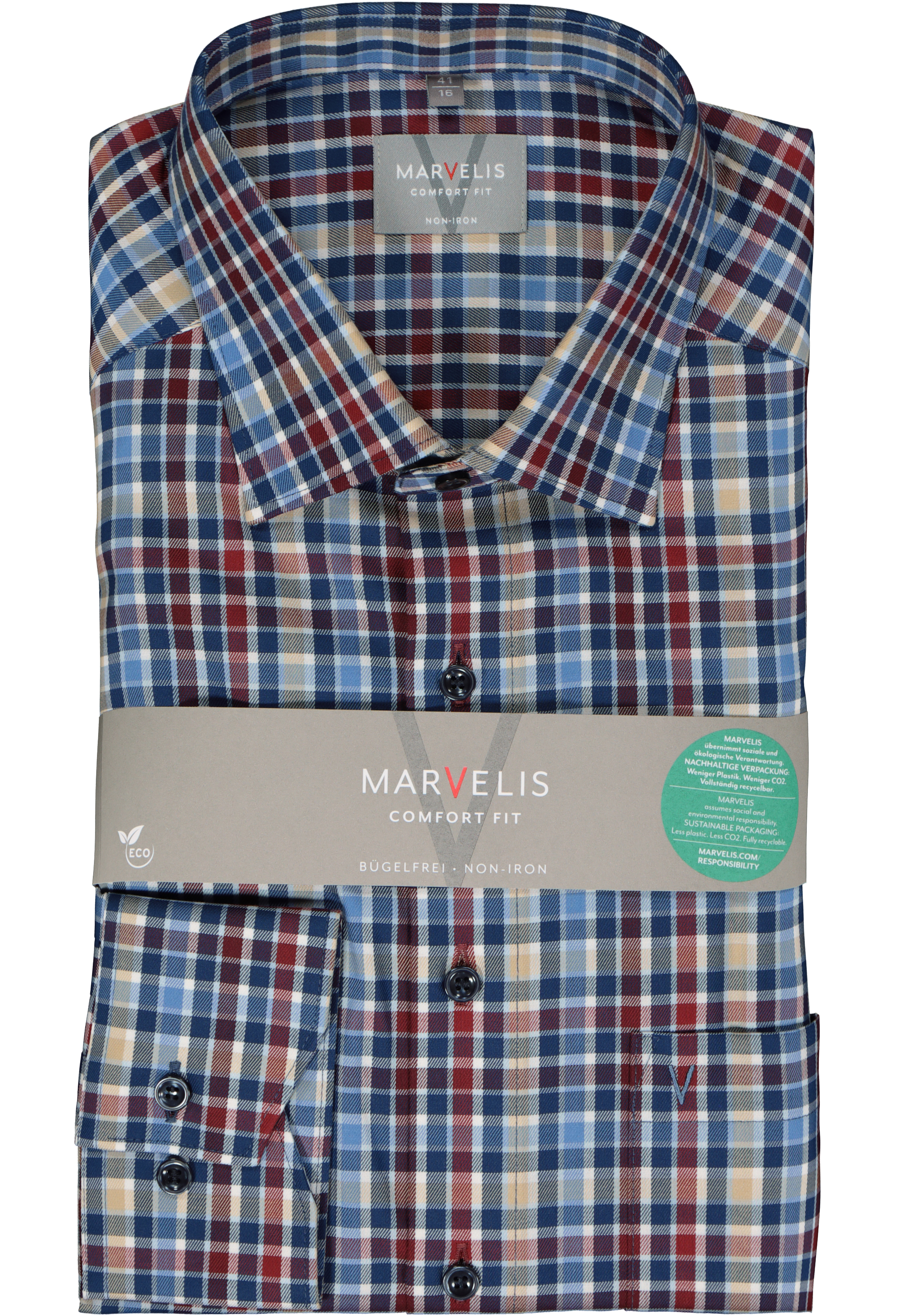 MARVELIS comfort fit overhemd, popeline, rood geruit