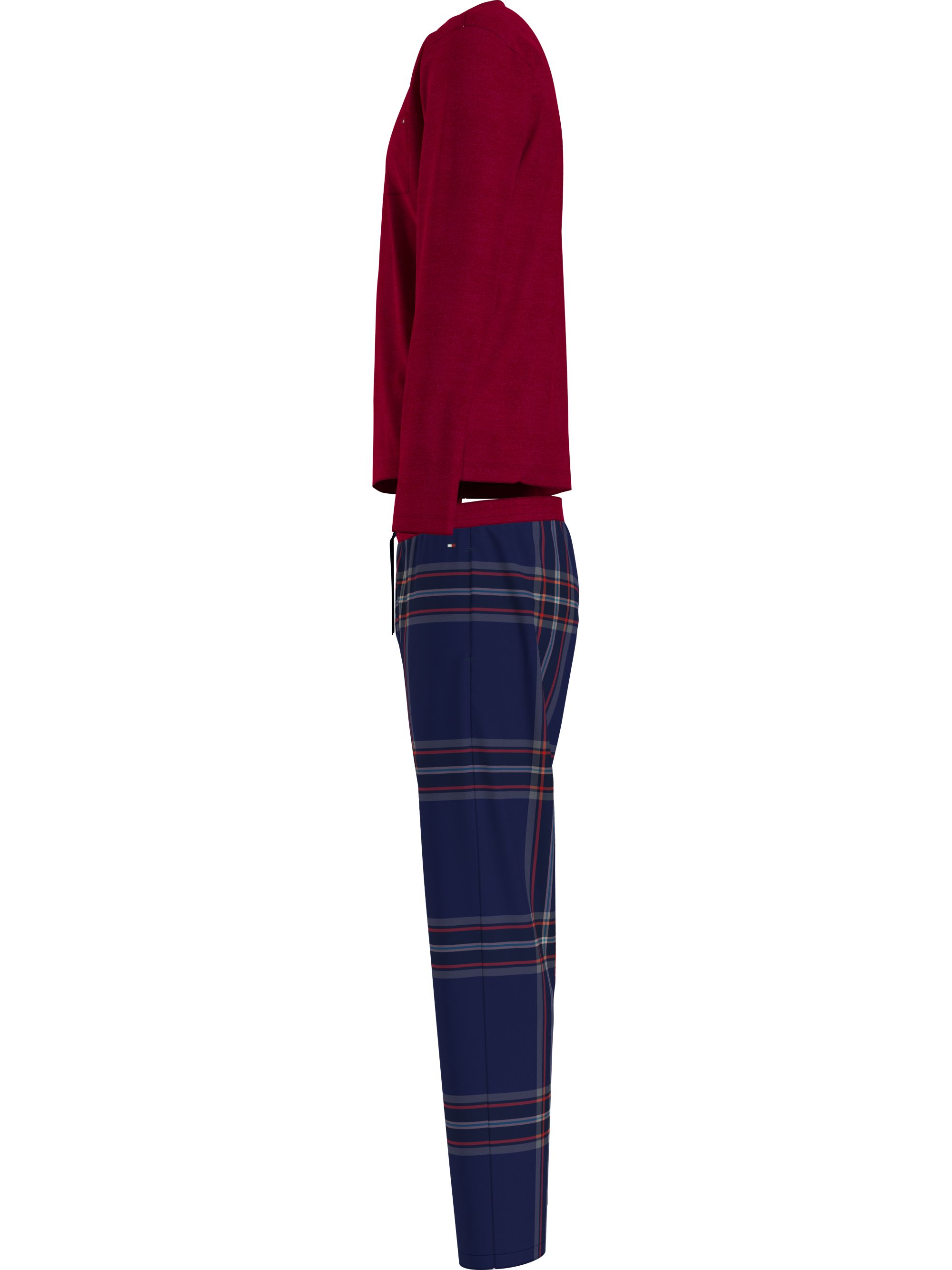 Tommy Hilfiger heren pyjama O-hals, donkerrood met blauw geruite broek