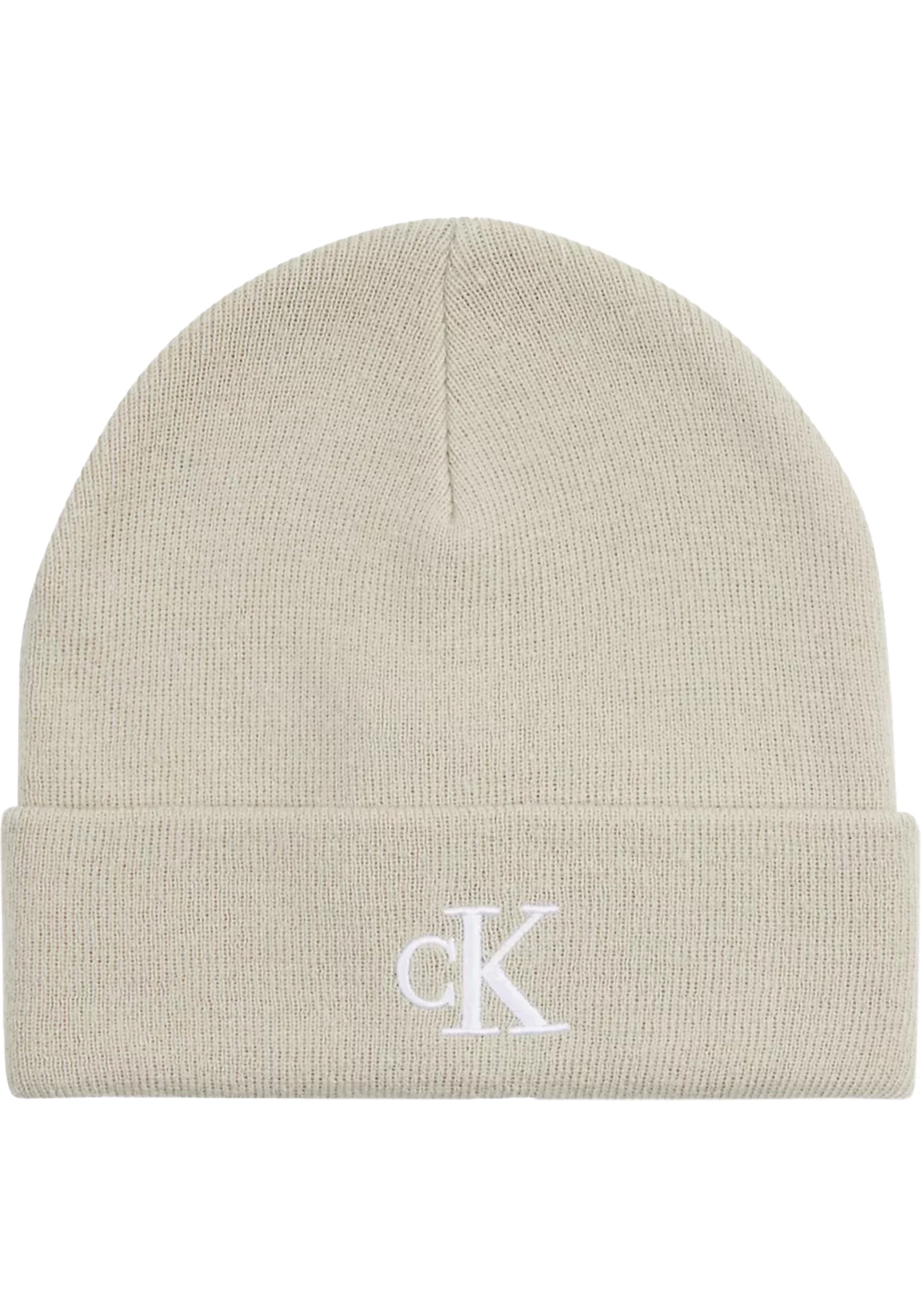 Calvin Klein muts, monogram embroidered patch beanie, licht grijsbeige