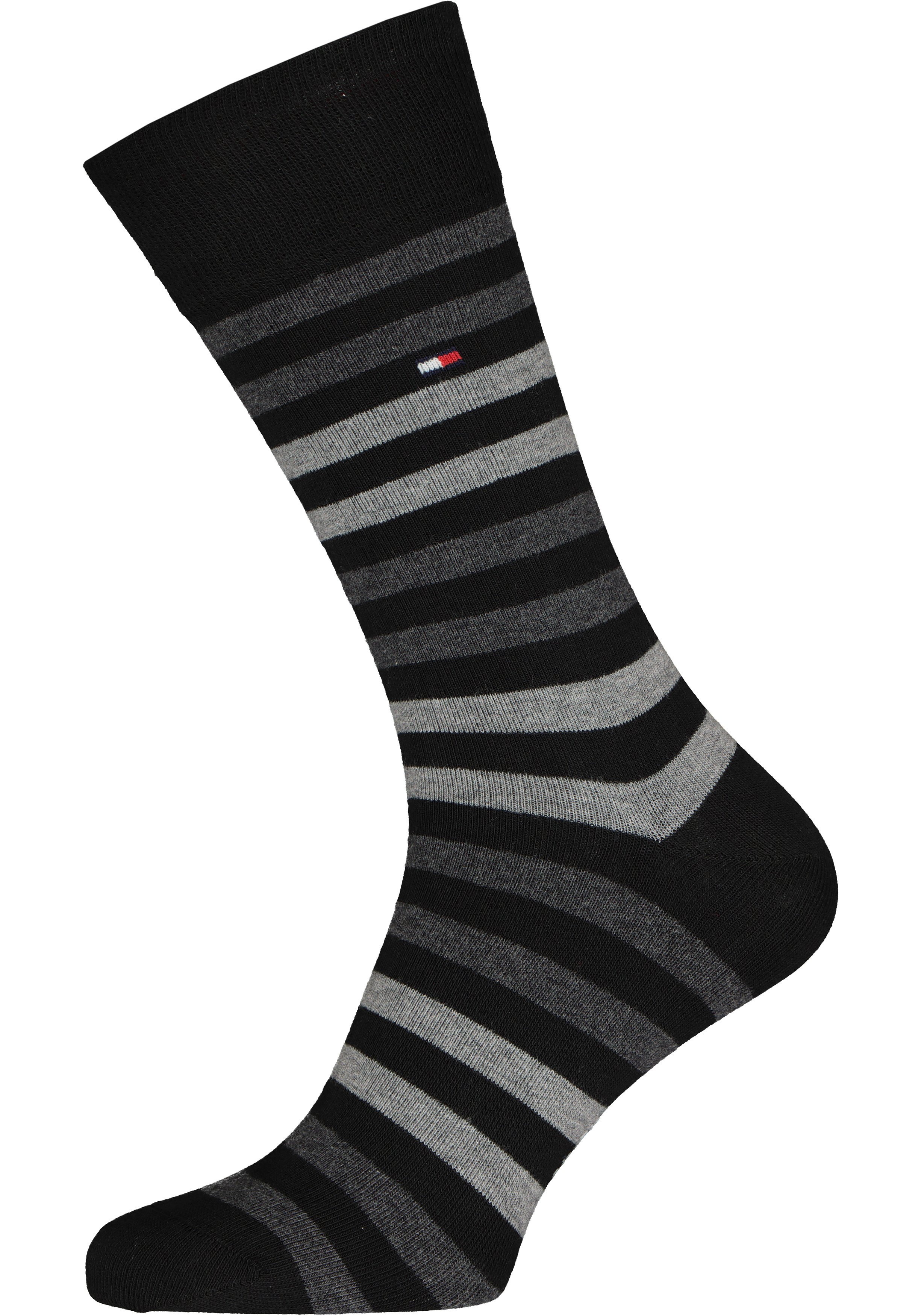 Tommy Hilfiger Duo Stripe Socks (2-pack), herensokken katoen, gestreept en uni, zwart met grijs