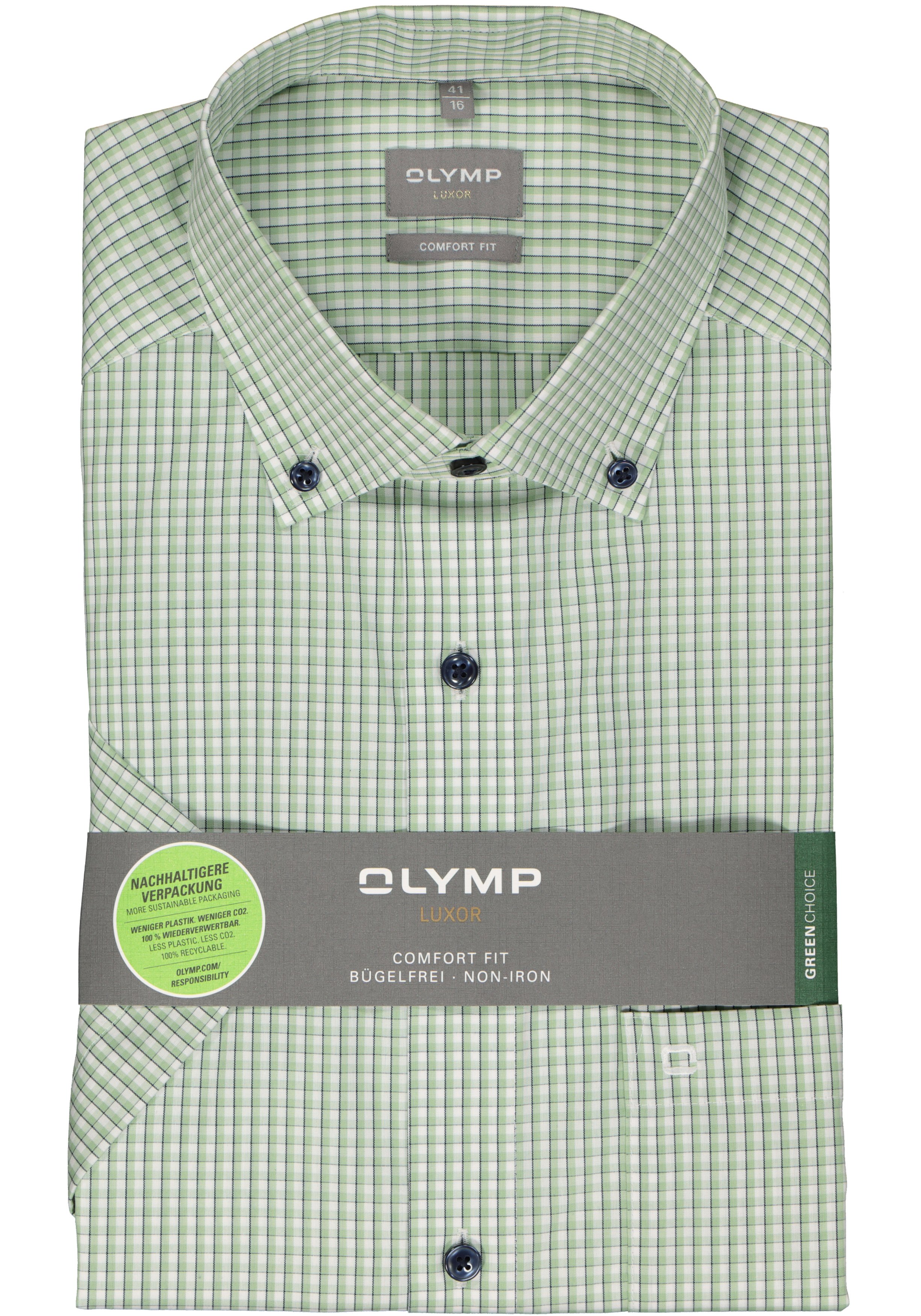 OLYMP comfort fit overhemd, korte mouw, popeline, wit met groen en blauw geruit