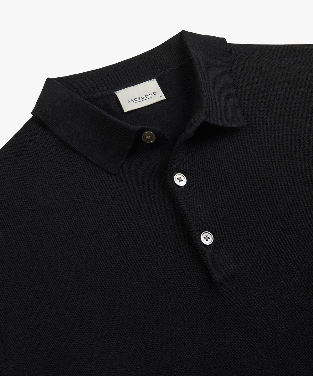 Profuomo heren trui wol, slim fit gebreide polo lange mouw, zwart