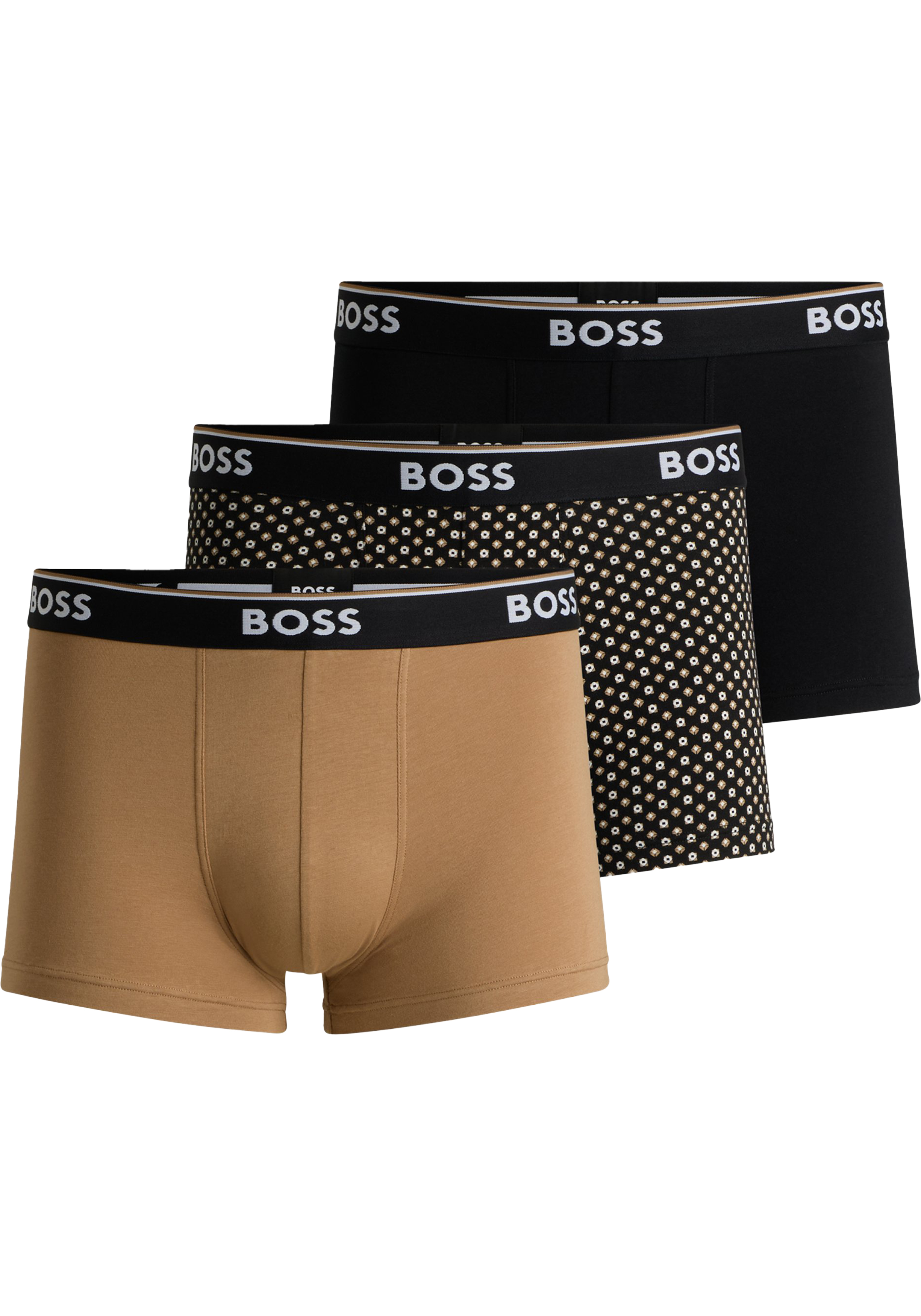 HUGO BOSS Power trunks (3-pack), heren boxers kort, zwart, beige, zwart met beige dessin