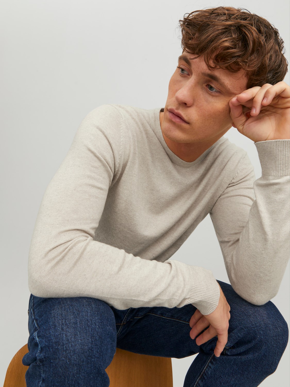 JACK & JONES Emil knit crew neck slim fit, heren pullover viscosemengsel met O-hals, beige melange