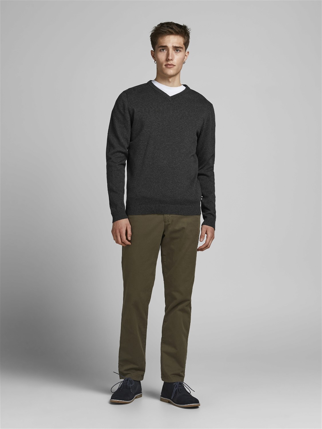 JACK & JONES Basic knit v-neck slim fit, heren pullover katoen met V-hals, donkergrijs melange