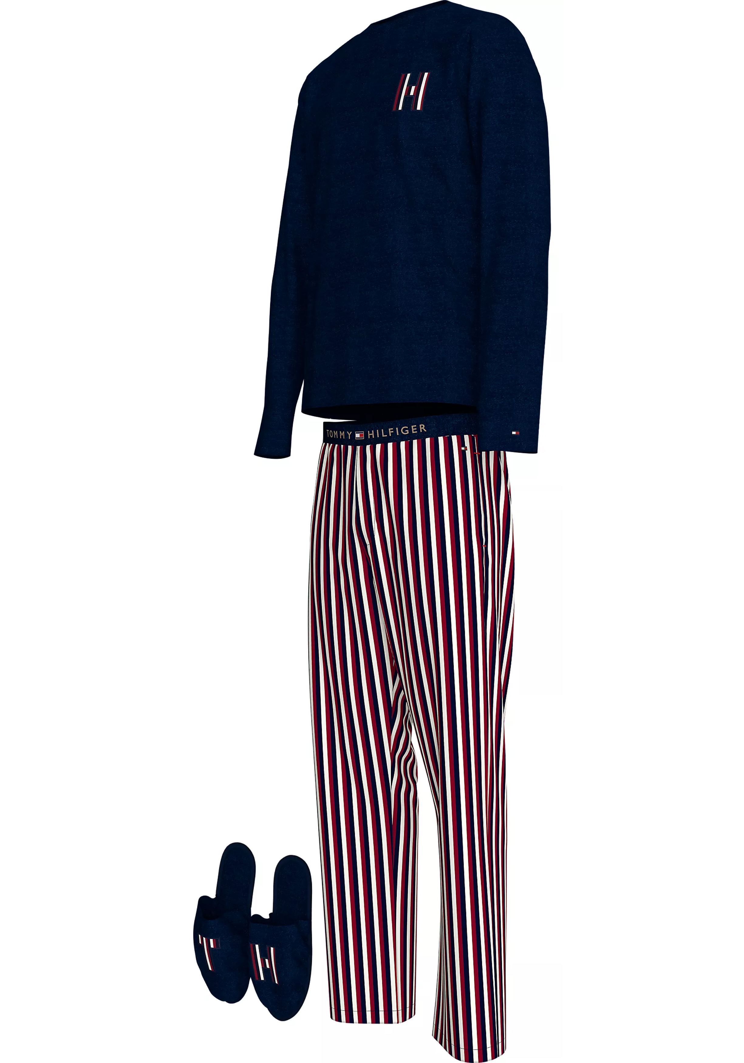 Tommy Hilfiger heren pyjama set, blauw shirt en slippers met rood-wit-blauw gestreepte broek