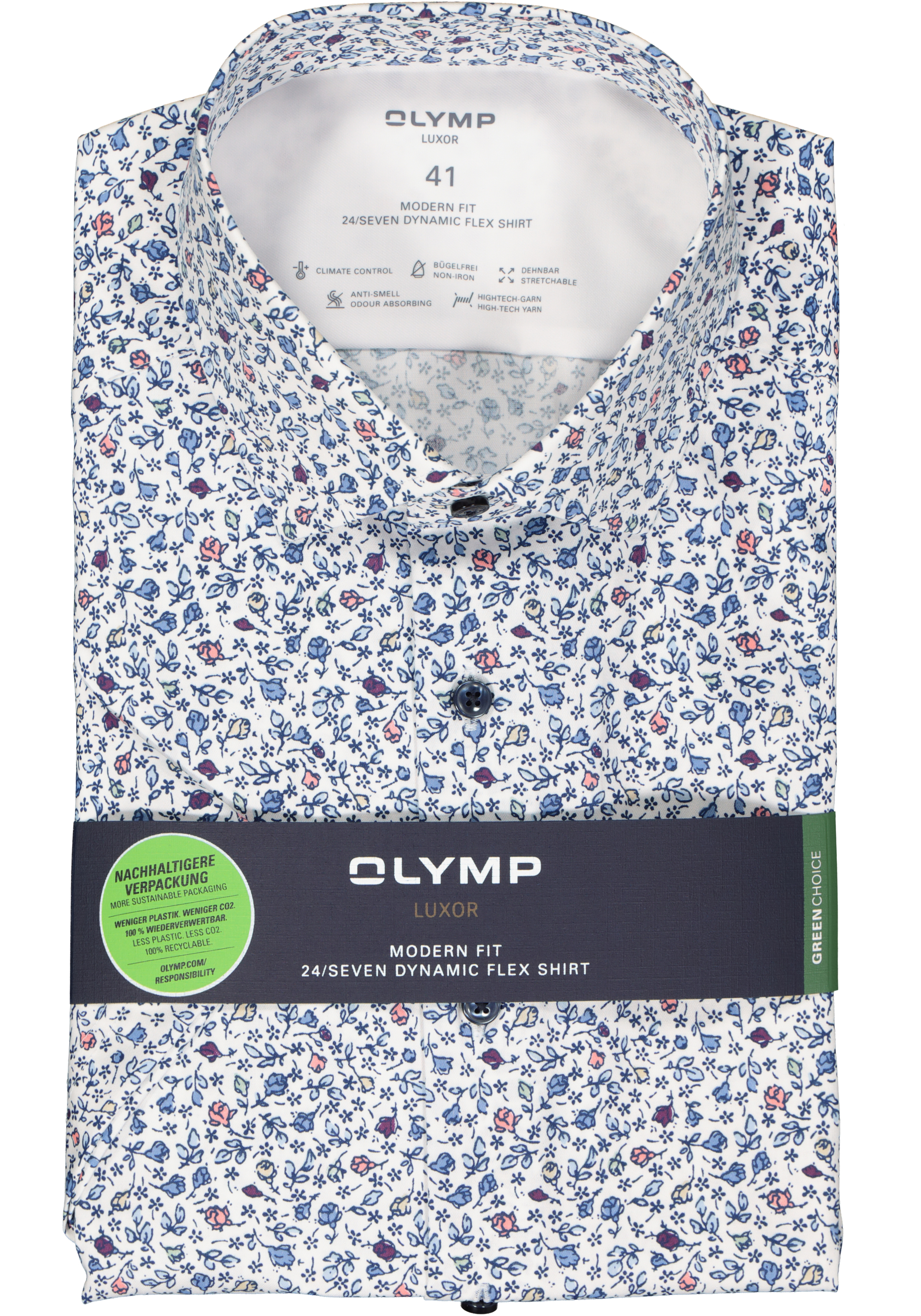 OLYMP 24/7 modern fit overhemd, korte mouw, dynamic flex, wit met blauw bloemetjes dessin