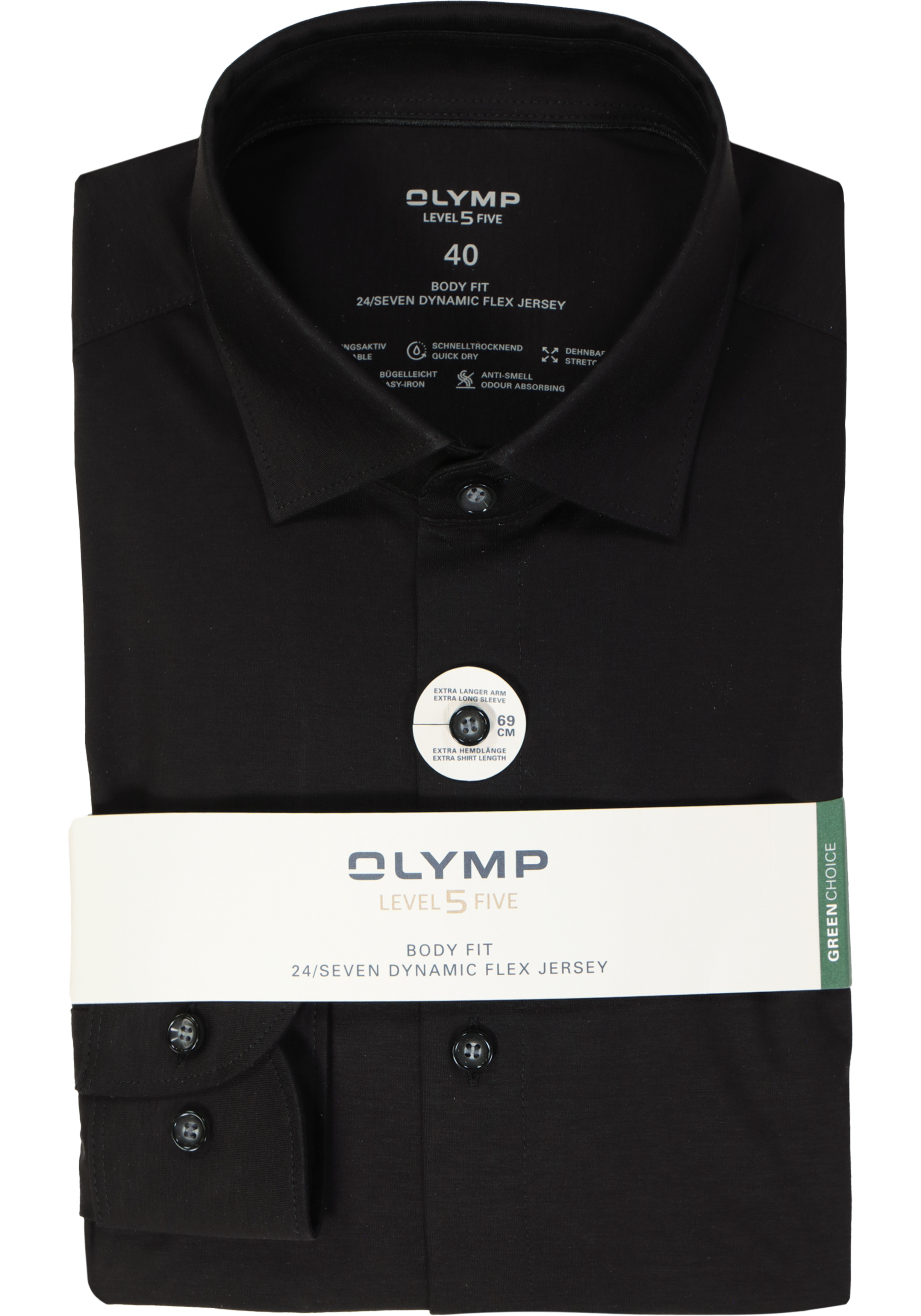 OLYMP Level 5 body fit overhemd 24/7, mouwlengte 7, zwart tricot