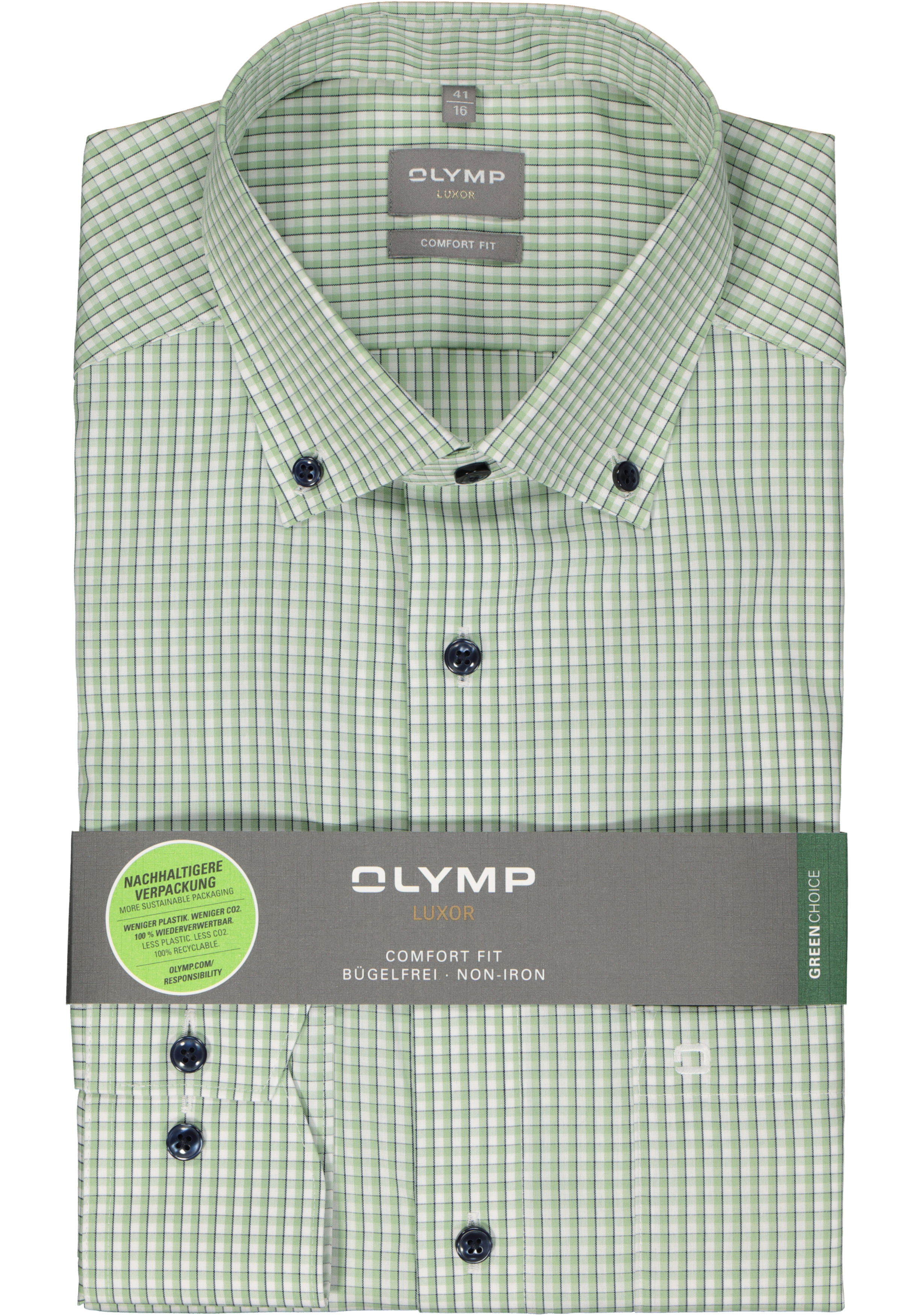 OLYMP comfort fit overhemd, popeline, wit met groen en blauw geruit