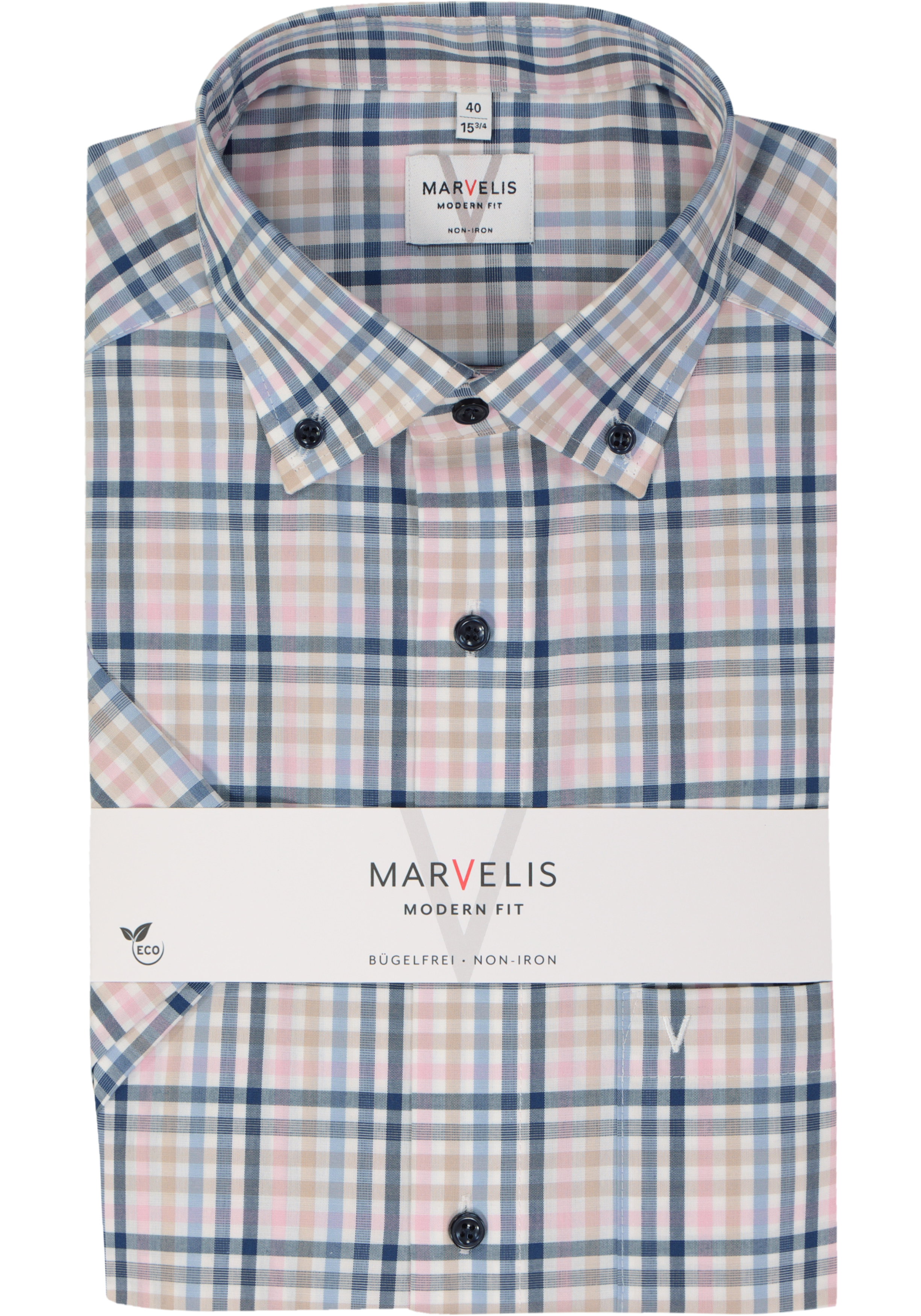 MARVELIS modern fit overhemd, korte mouw, popeline, roze geruit