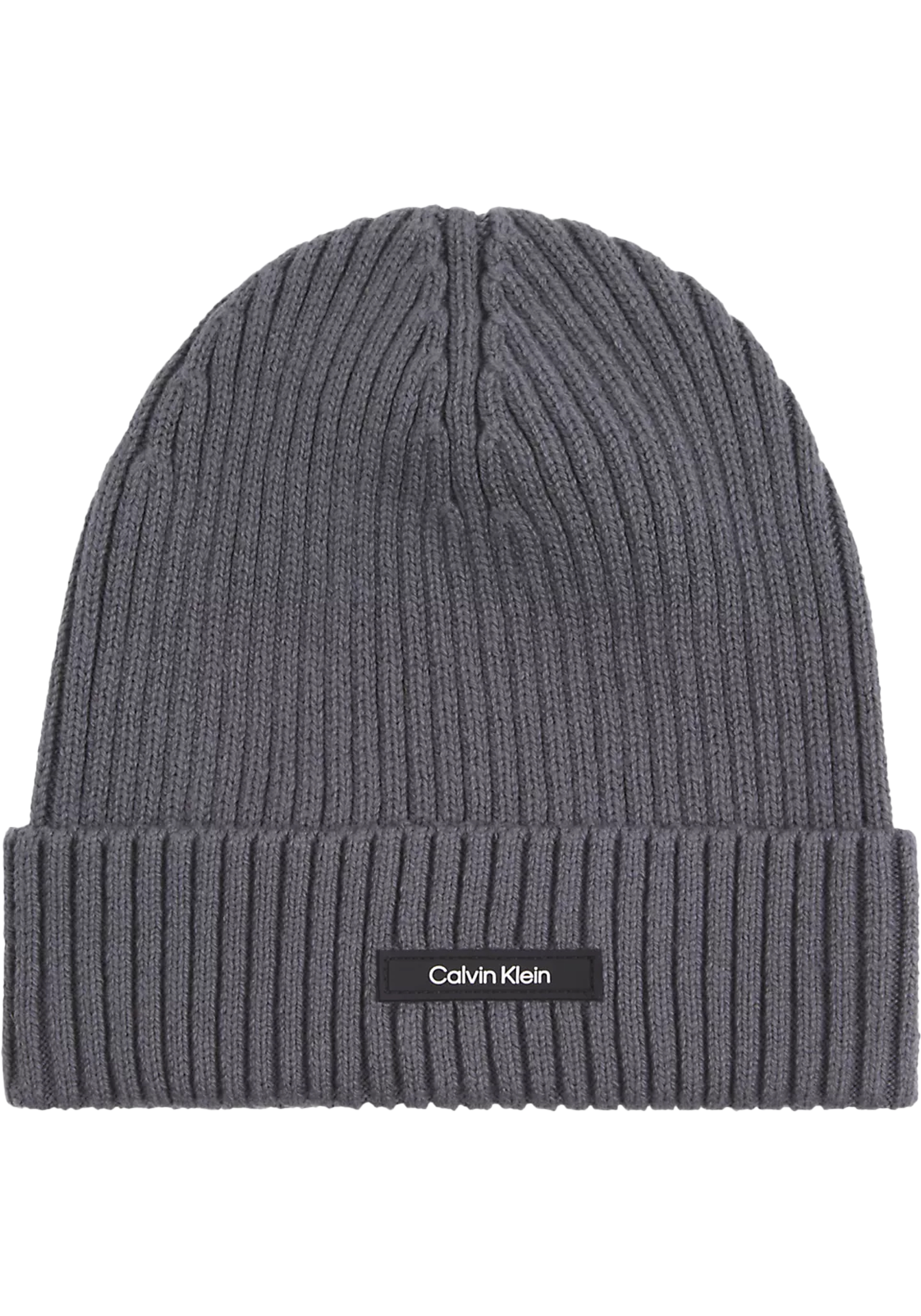 Calvin Klein muts, classic cotton rib beanie, staalgrijs