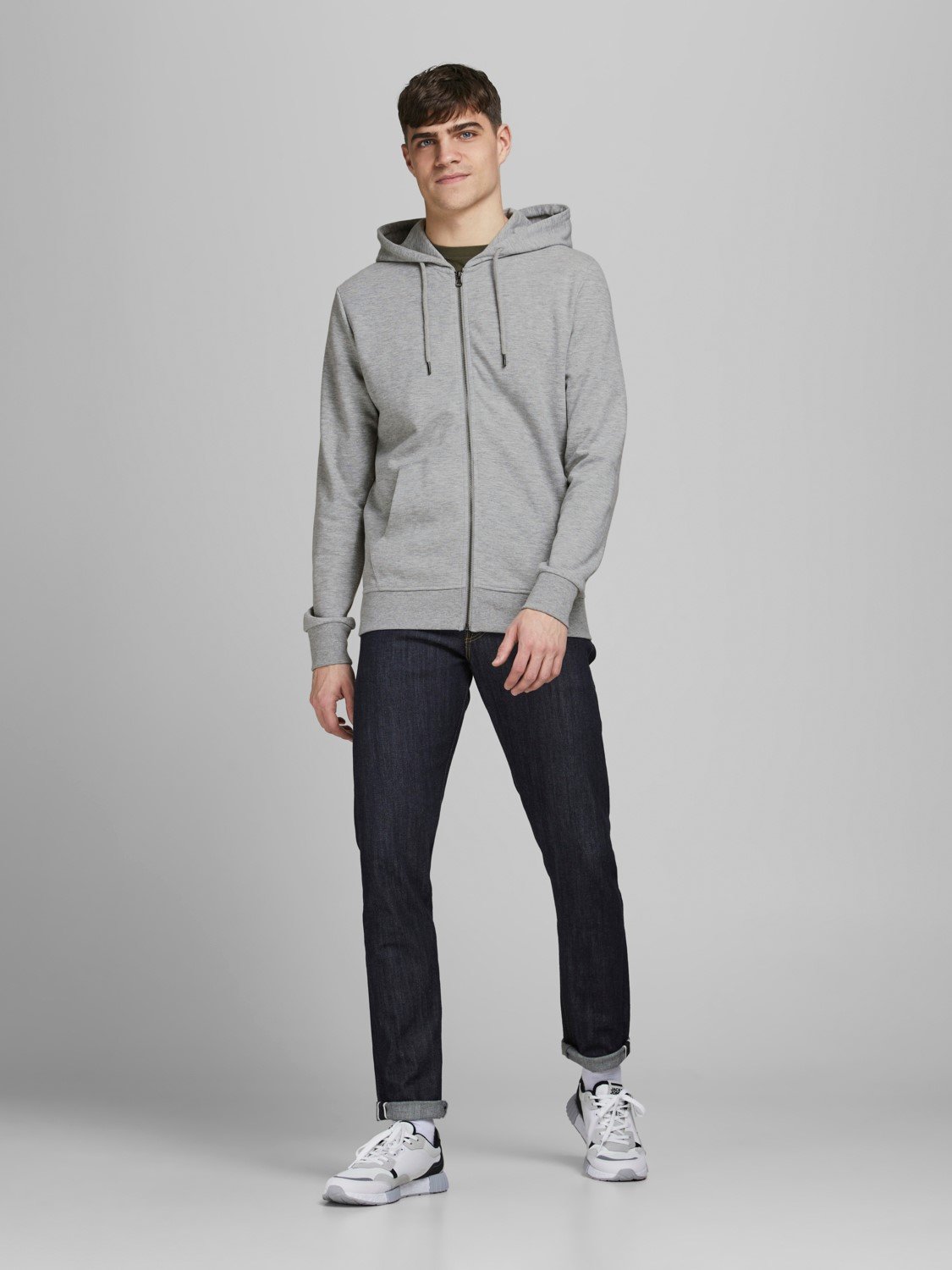 JACK & JONES Basic sweat zip hood slim fit, heren sweatvest katoenmengsel met capuchon, lichtgrijs melange