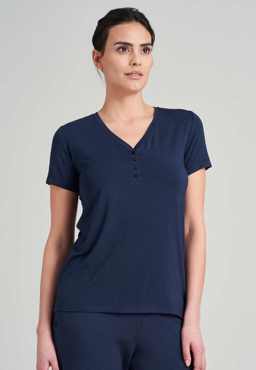 SCHIESSER Mix+Relax T-shirt, dames shirt korte mouw henley knoopsluiting blauw