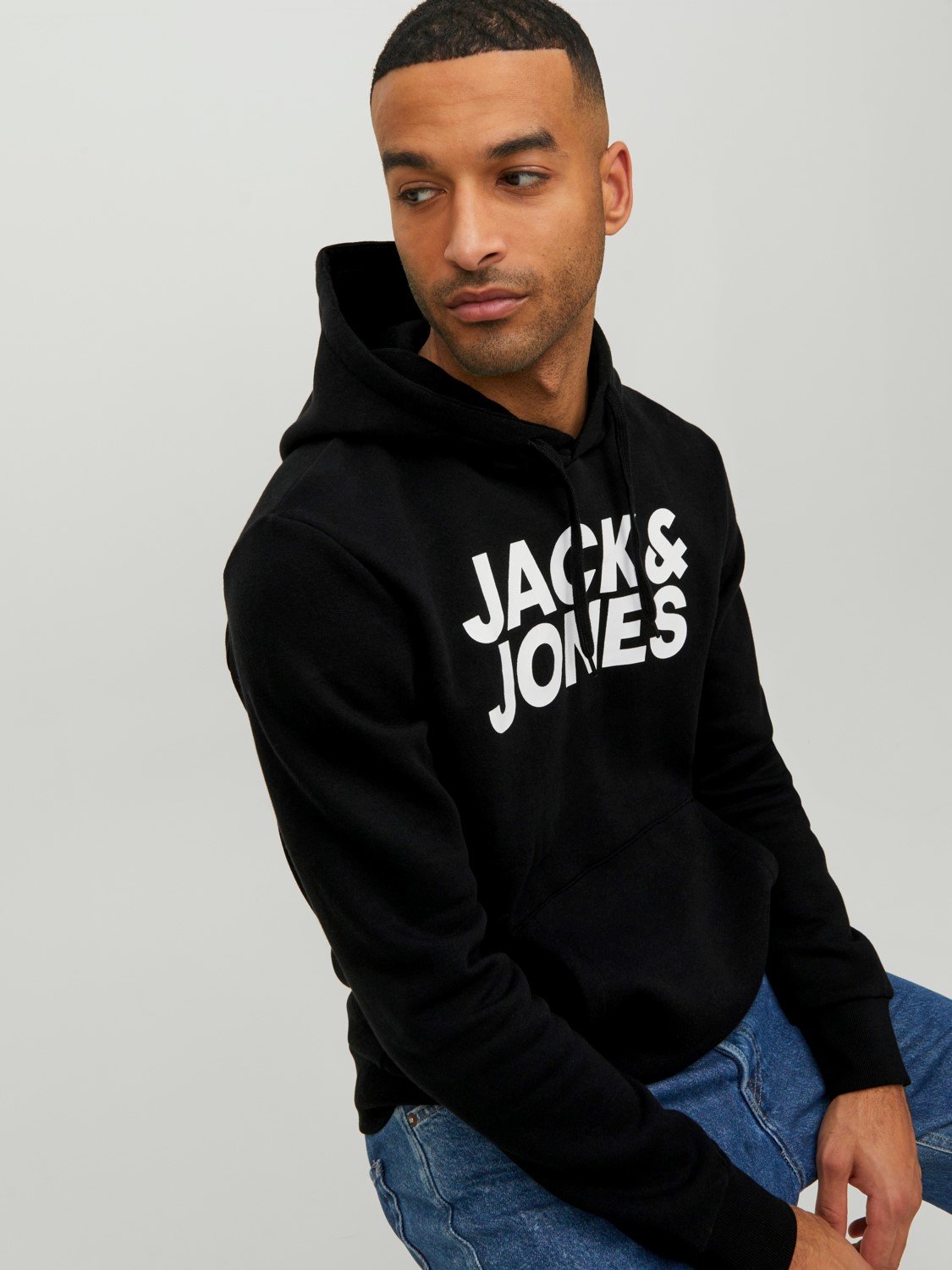 JACK & JONES Corp logo sweat hood regular fit, heren hoodie katoenmengsel met capuchon, zwart grote print