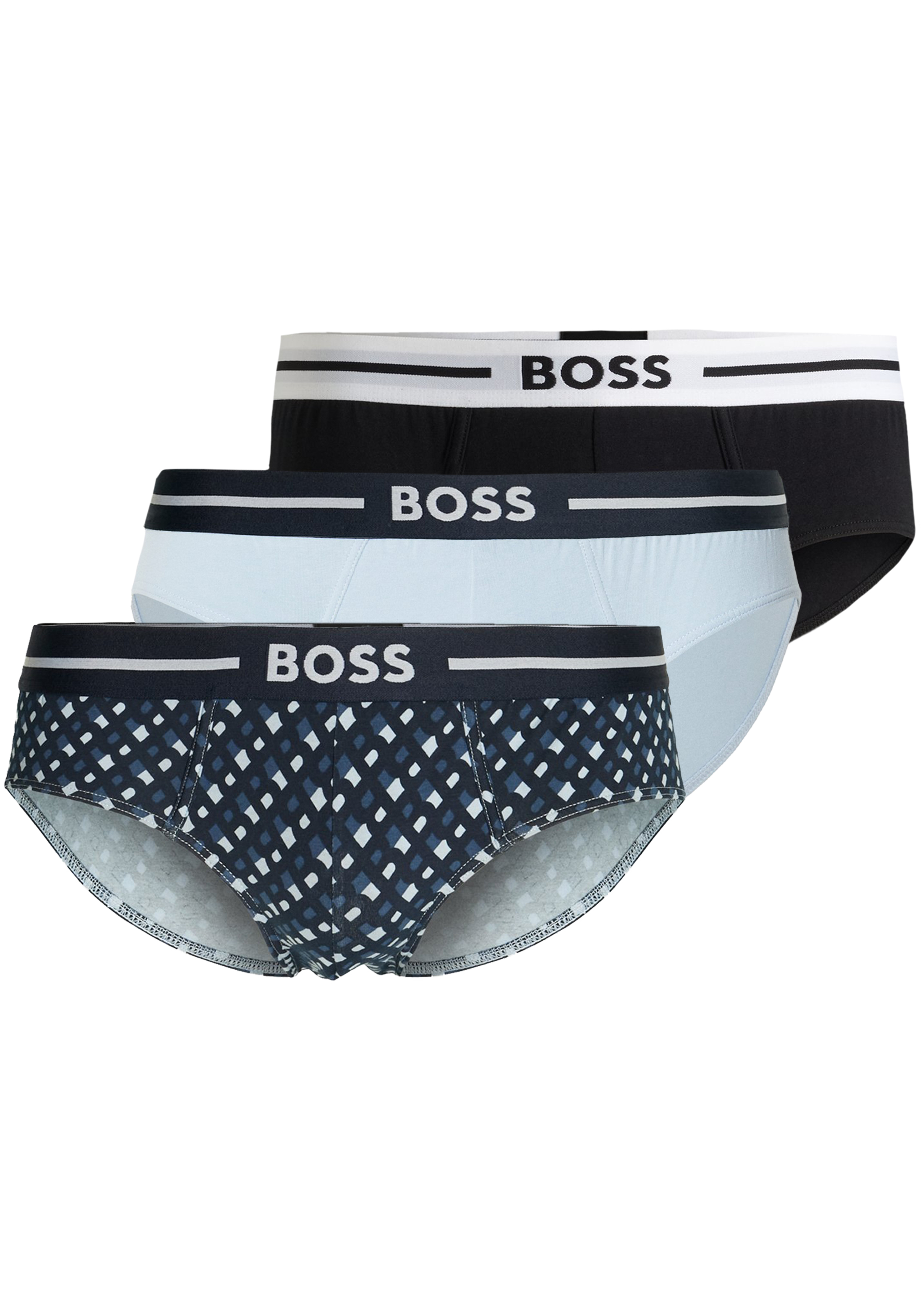 HUGO BOSS Bold hipster briefs (3-pack), heren slips, lichtblauw, donkerblauw, blauw dessin