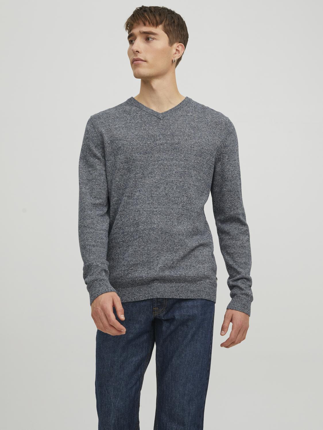 JACK & JONES Basic knit v-neck slim fit, heren pullover katoen met V-hals, blauw samen met offwhite