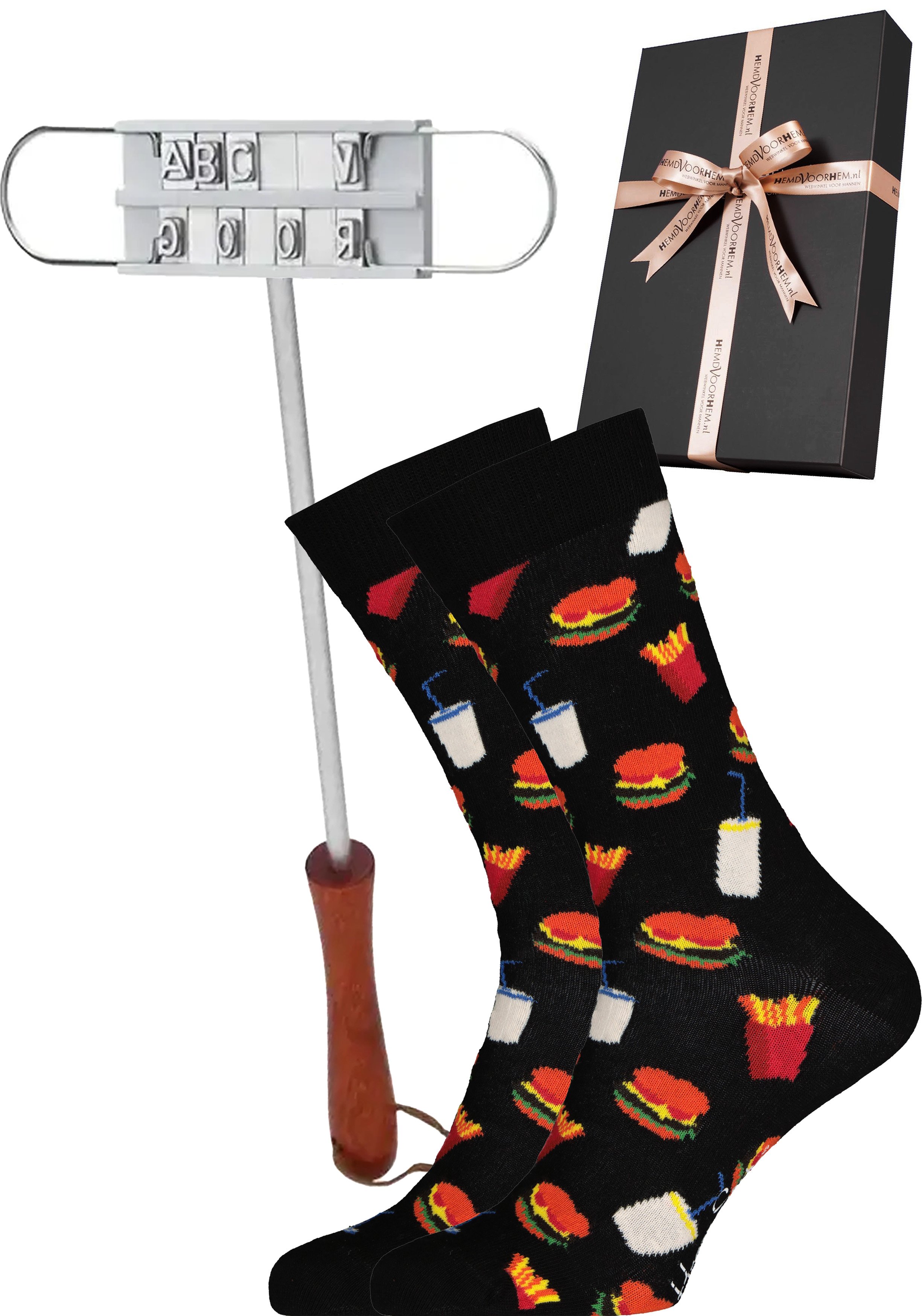 Barbeque cadeauset, vleesmerkijzer en Happy Socks Hamburger