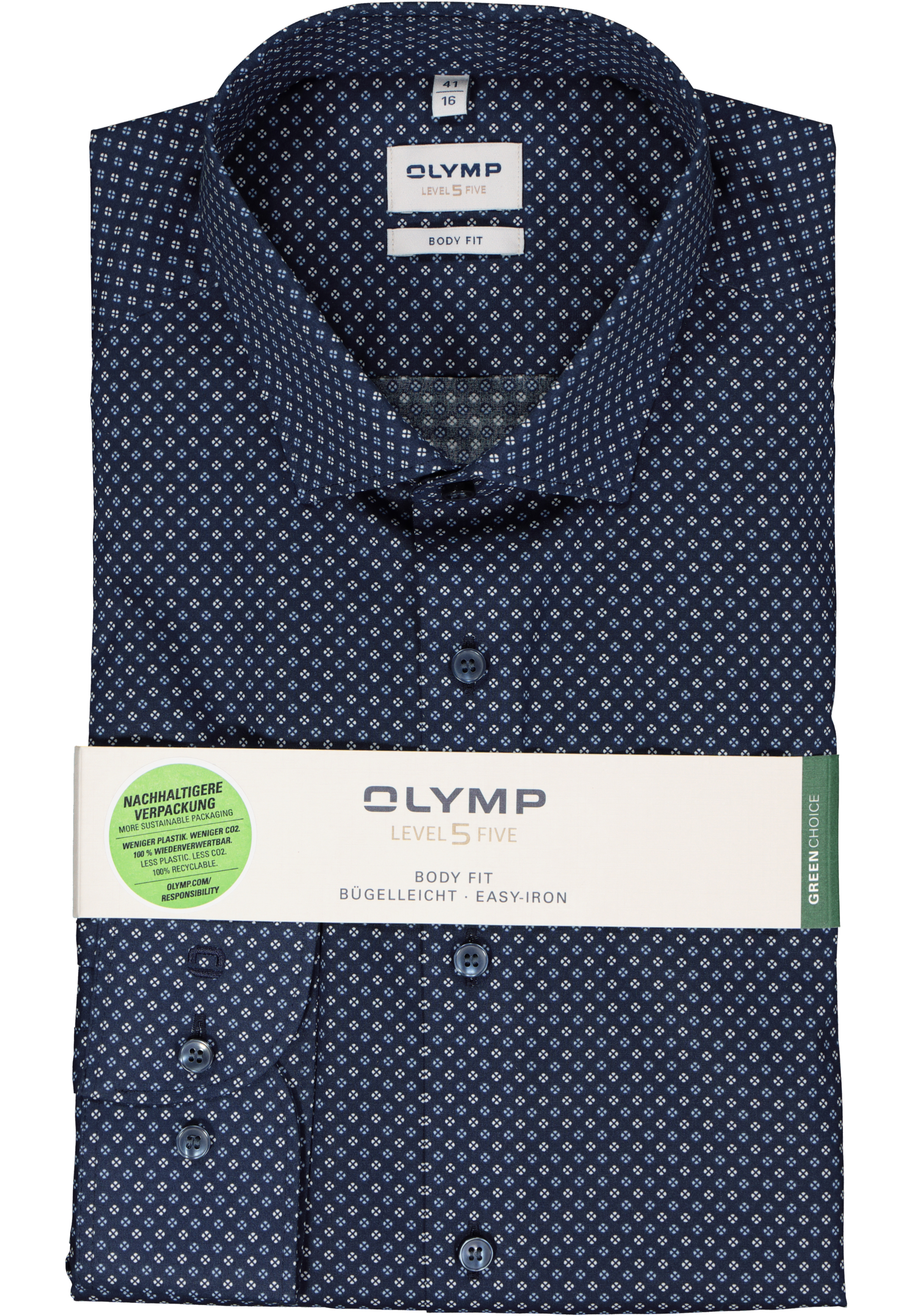 OLYMP Level 5 body fit overhemd, popeline, donkerblauw met wit en lichtblauw dessin