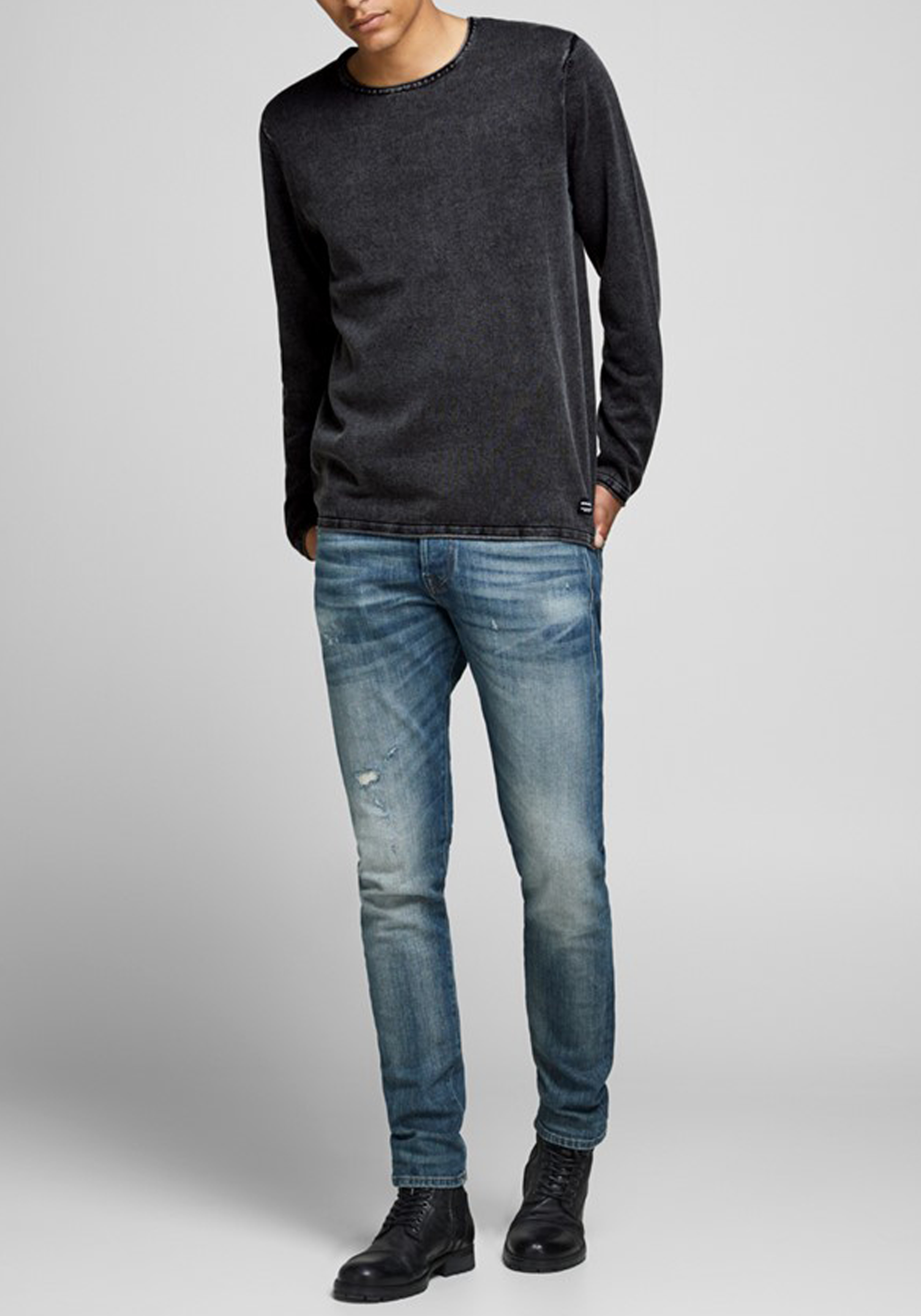 JACK & JONES slim fit trui katoen, O-hals, verwassen zwart