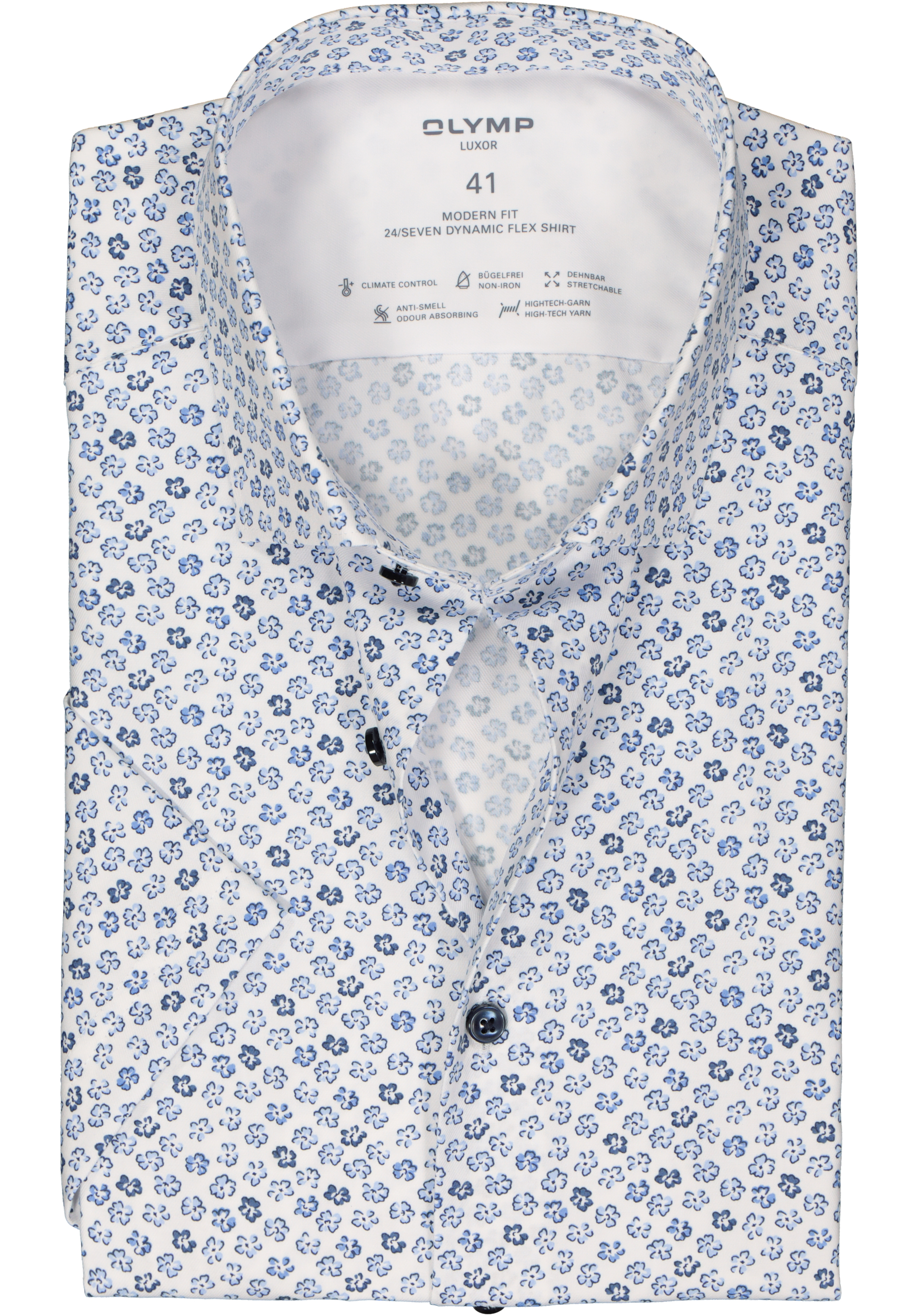 OLYMP 24/7 modern fit overhemd, korte mouw, dynamic flex, blauw met wit bloemen dessin