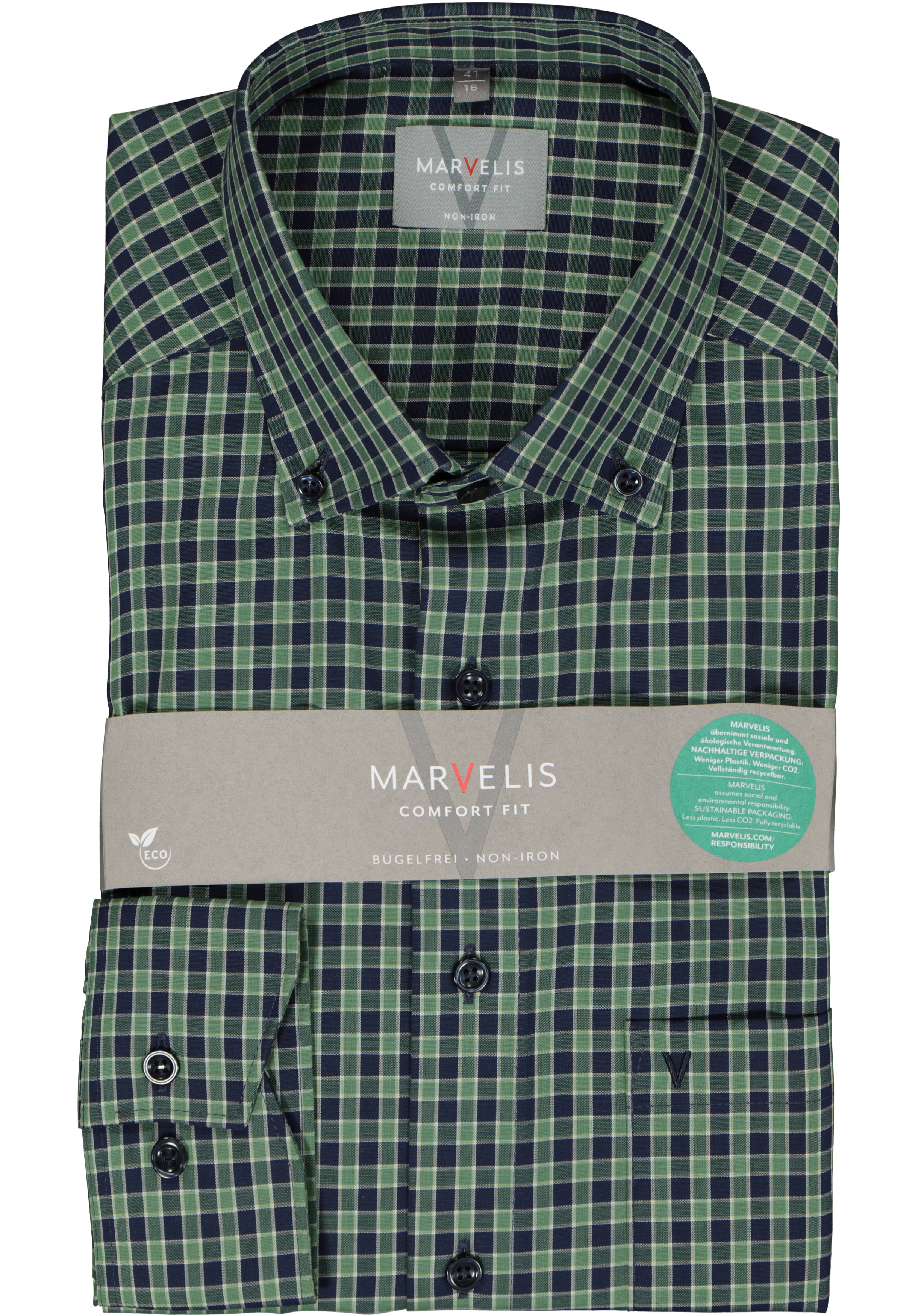 MARVELIS comfort fit overhemd, popeline, groen geruit