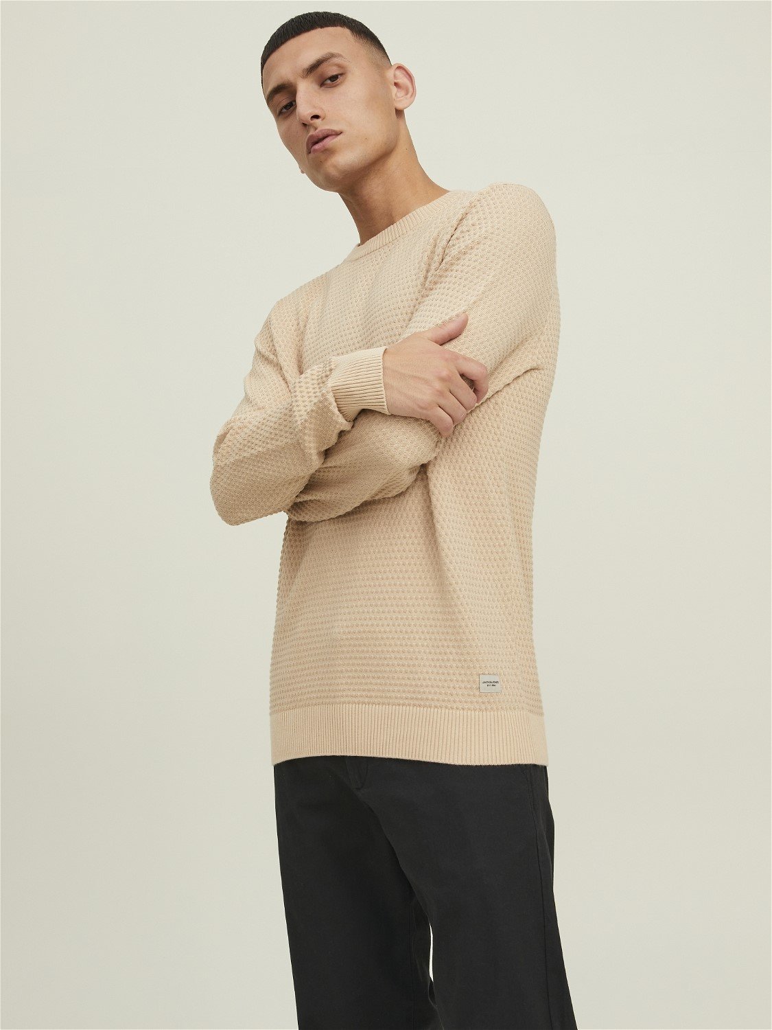 JACK & JONES Atlas knit crew neck slim fit, heren pullover katoen met O-hals, beige