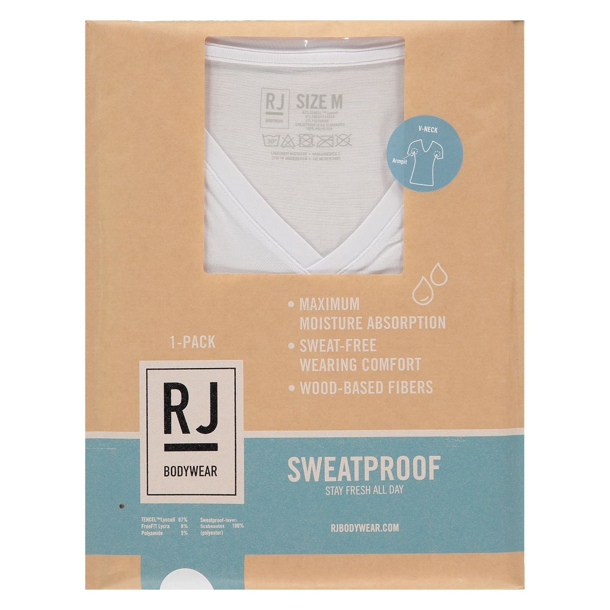 RJ Bodywear Sweatproof T-shirt (1-pack), heren T-shirt met anti-zweet oksels, diepe V-hals, wit